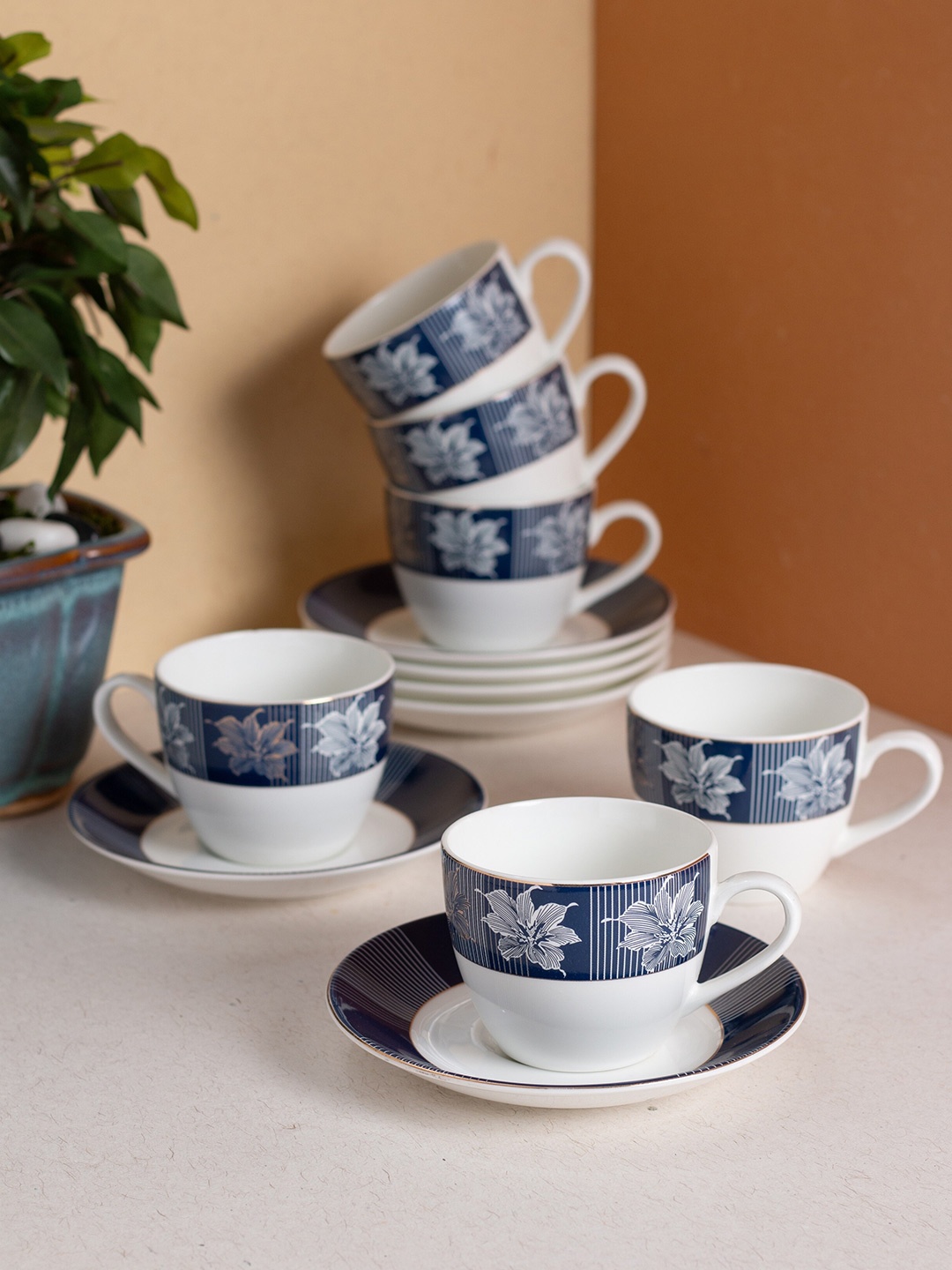 

JCPL White & Blue 12Pcs Handcrafted Printed Ceramic Glossy Cups and Saucers 180ml