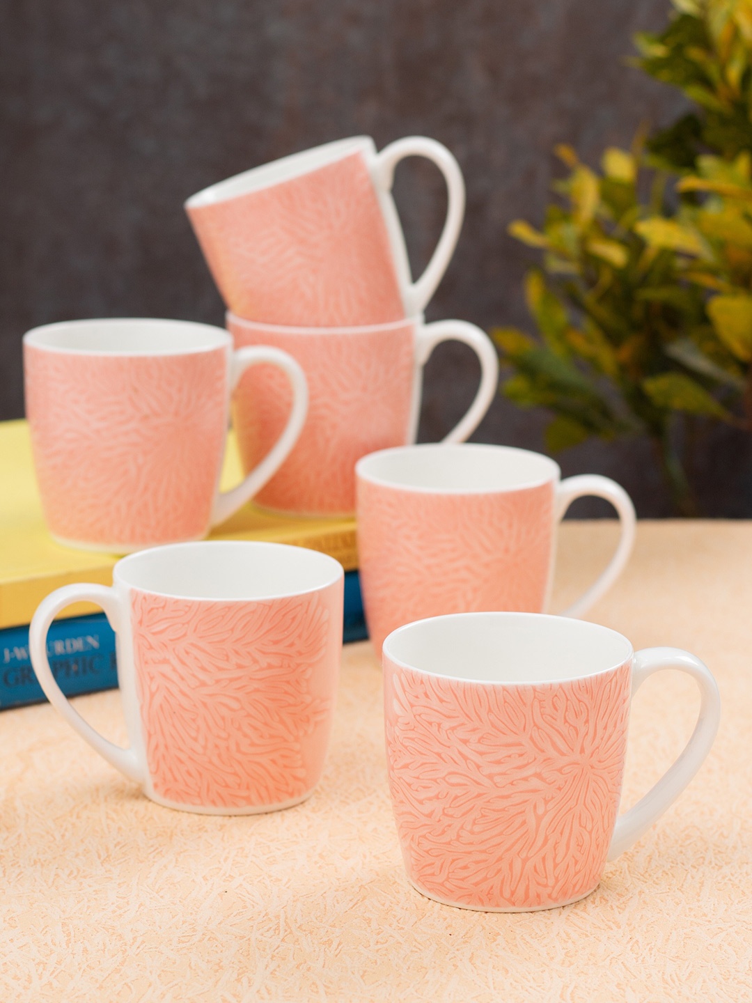 

JCPL Peach & White 6 Pieces Printed Ceramic Glossy Mugs 200 ml Each