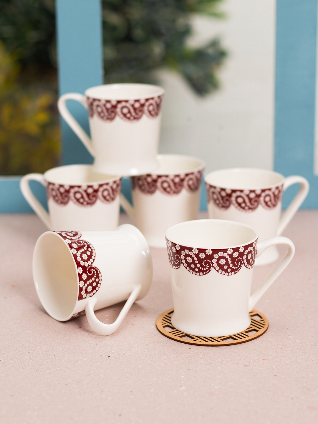 

JCPL White & Brown 6 Pieces Printed Ceramic Glossy Mugs 200 ml Each