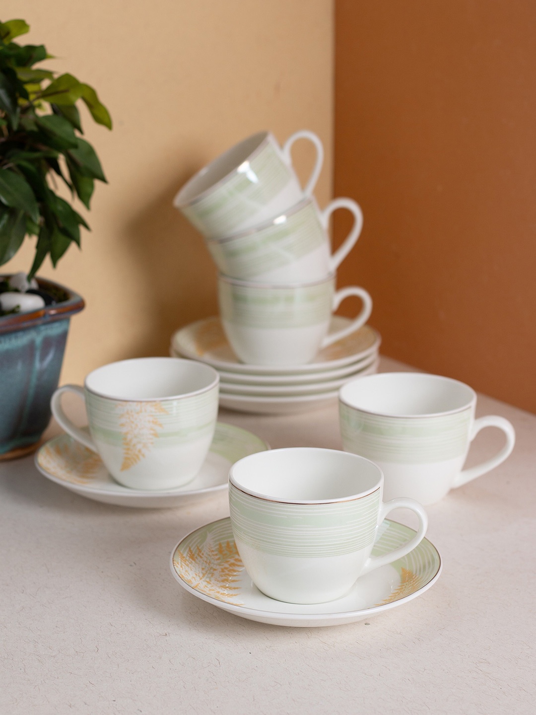 

JCPL White & Green 12 Pieces Handcrafted Printed Ceramic Glossy Cups 180ml