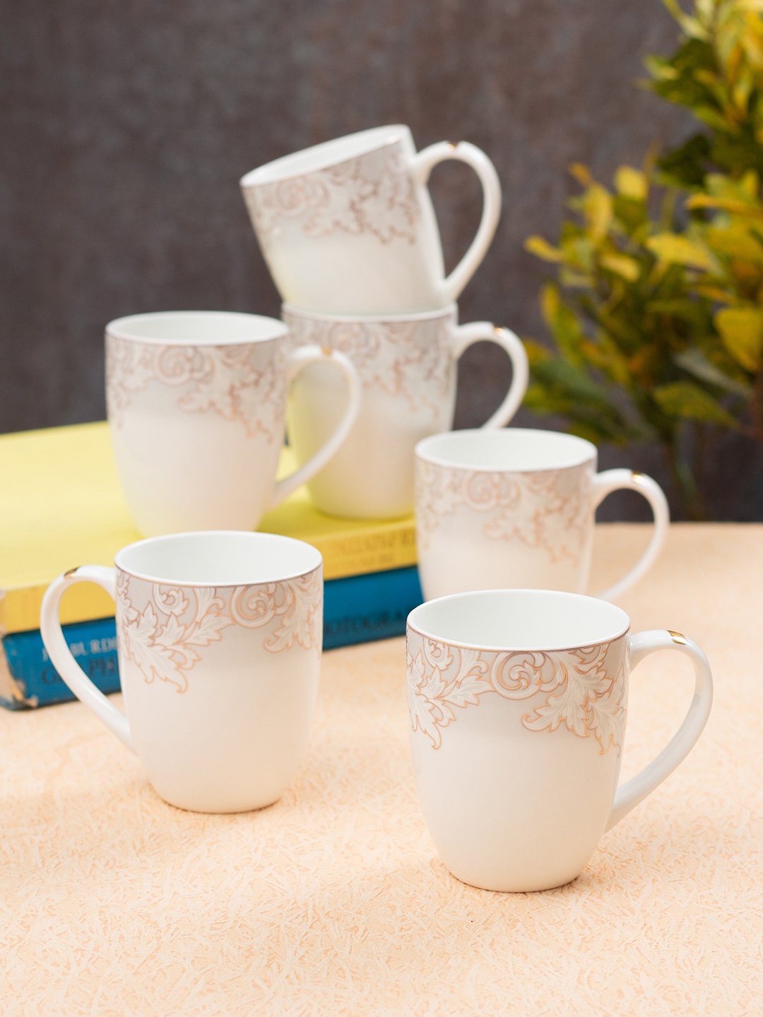 

JCPL White & Beige Printed 6 Pieces Handcrafted Ceramic Glossy Cups 230ml