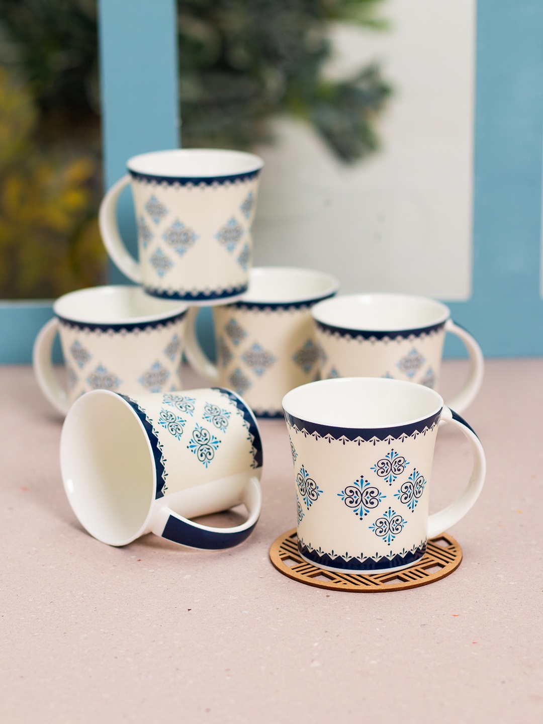 

JCPL White & Blue 6 Pieces Handcrafted Printed Ceramic Glossy Cups 200ml