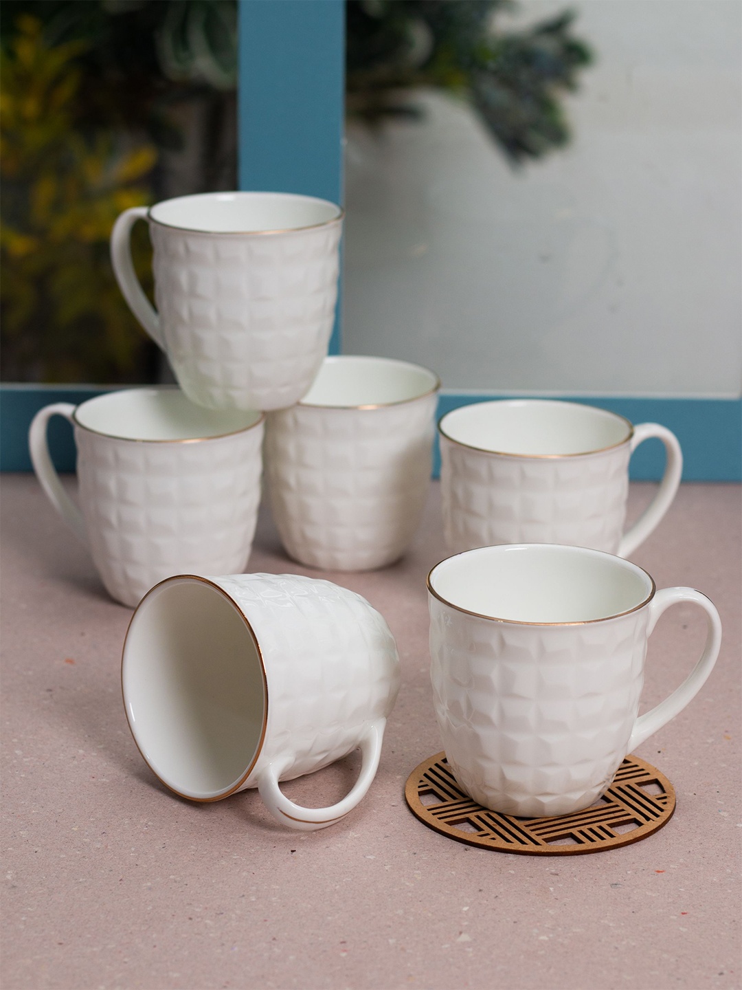 

JCPL White & Beige Textured 6 Pieces Handcrafted Ceramic Glossy Cups 180ml