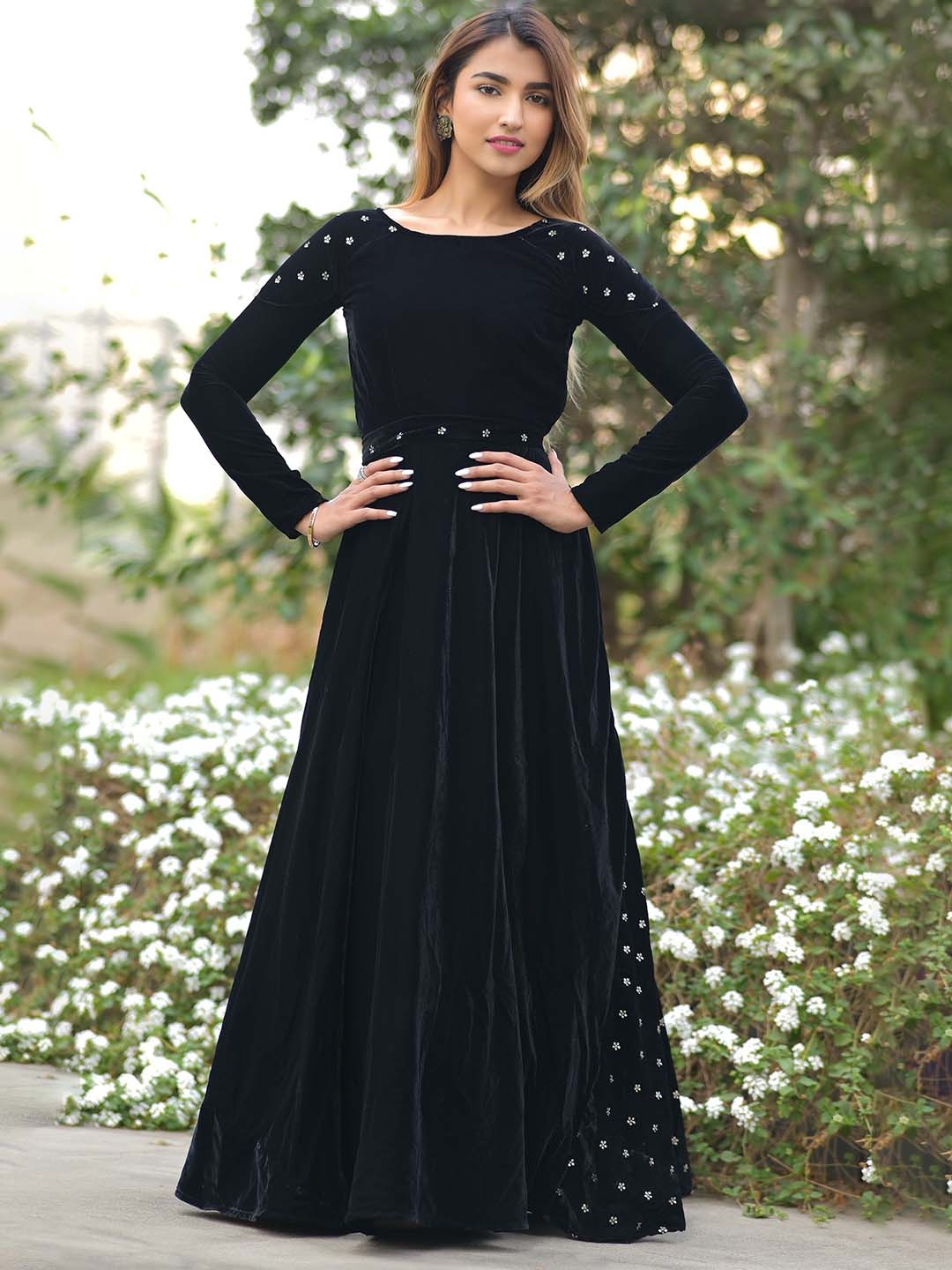 

Vinya Boat Neck Organic Cotton Velvet Fit & Flare Maxi Dress, Black