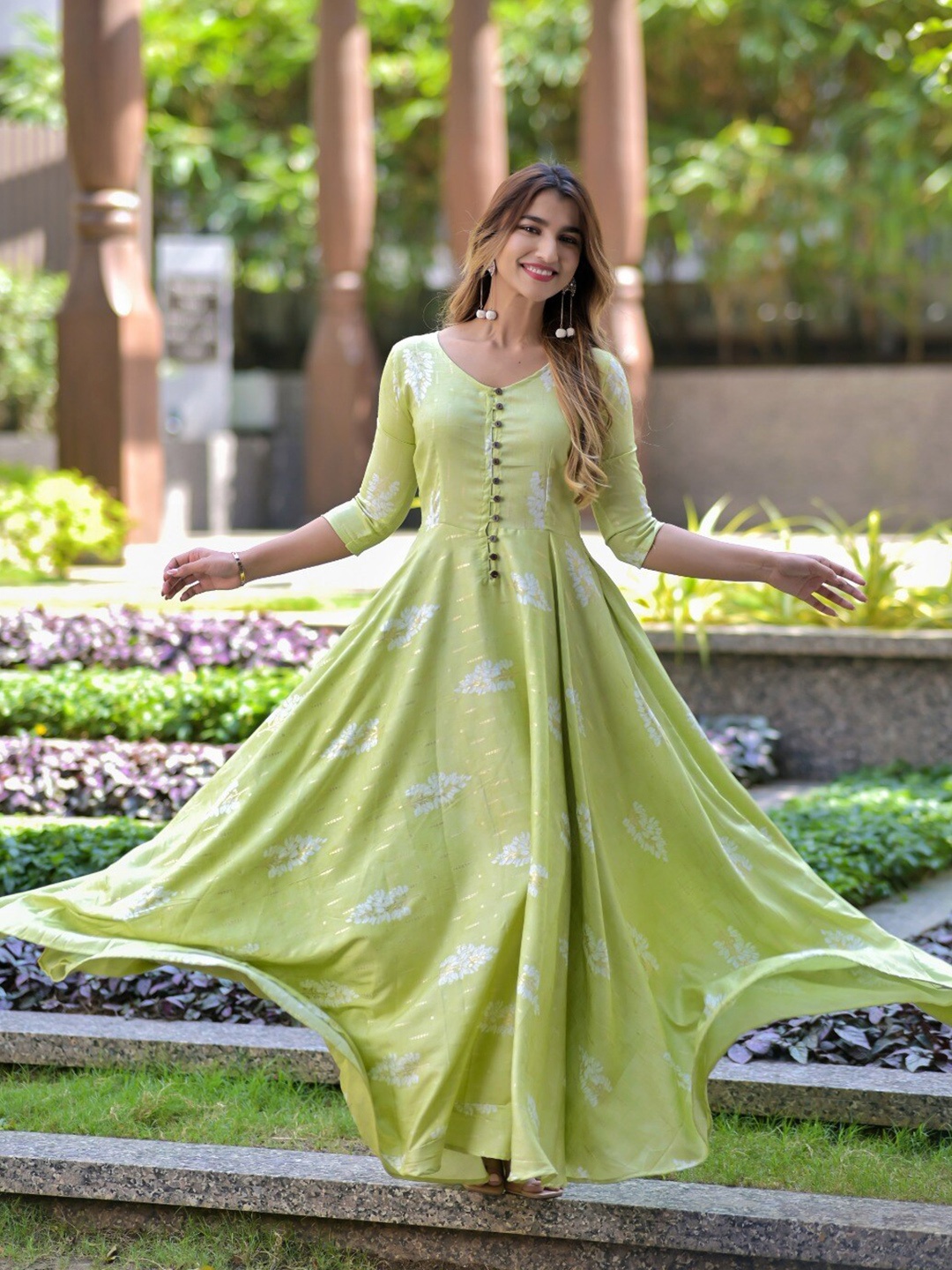 

Vinya Floral Printed Liva Maxi Ethnic Dress, Sea green