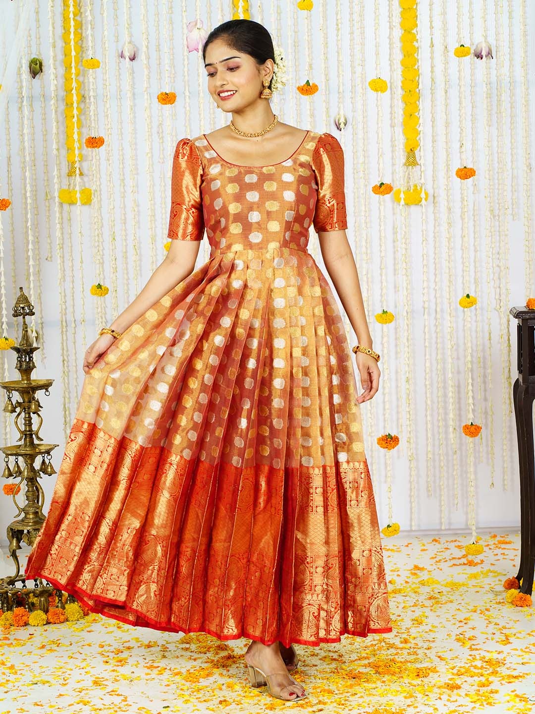 

Vinya Ethnic Motifs Printed Puffed Sleeves Organza Fit and Flare Ethnic Dress, Red