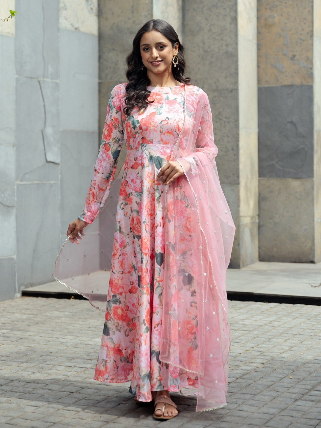 

Vinya Floral Printed Silk Georgette Maxi Ethnic Dress With Net Dupatta, Pink