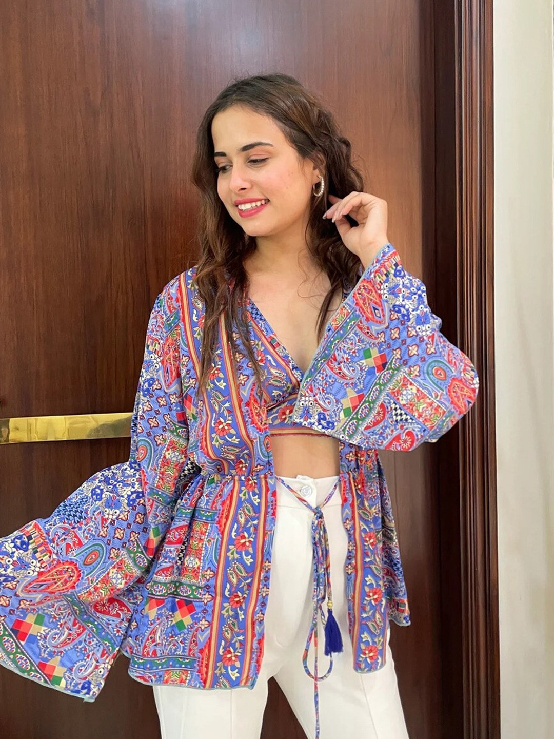 

smisingbee Ethnic Motifs Printed Smocked V-Neck Bralette Top With Shrug, Blue