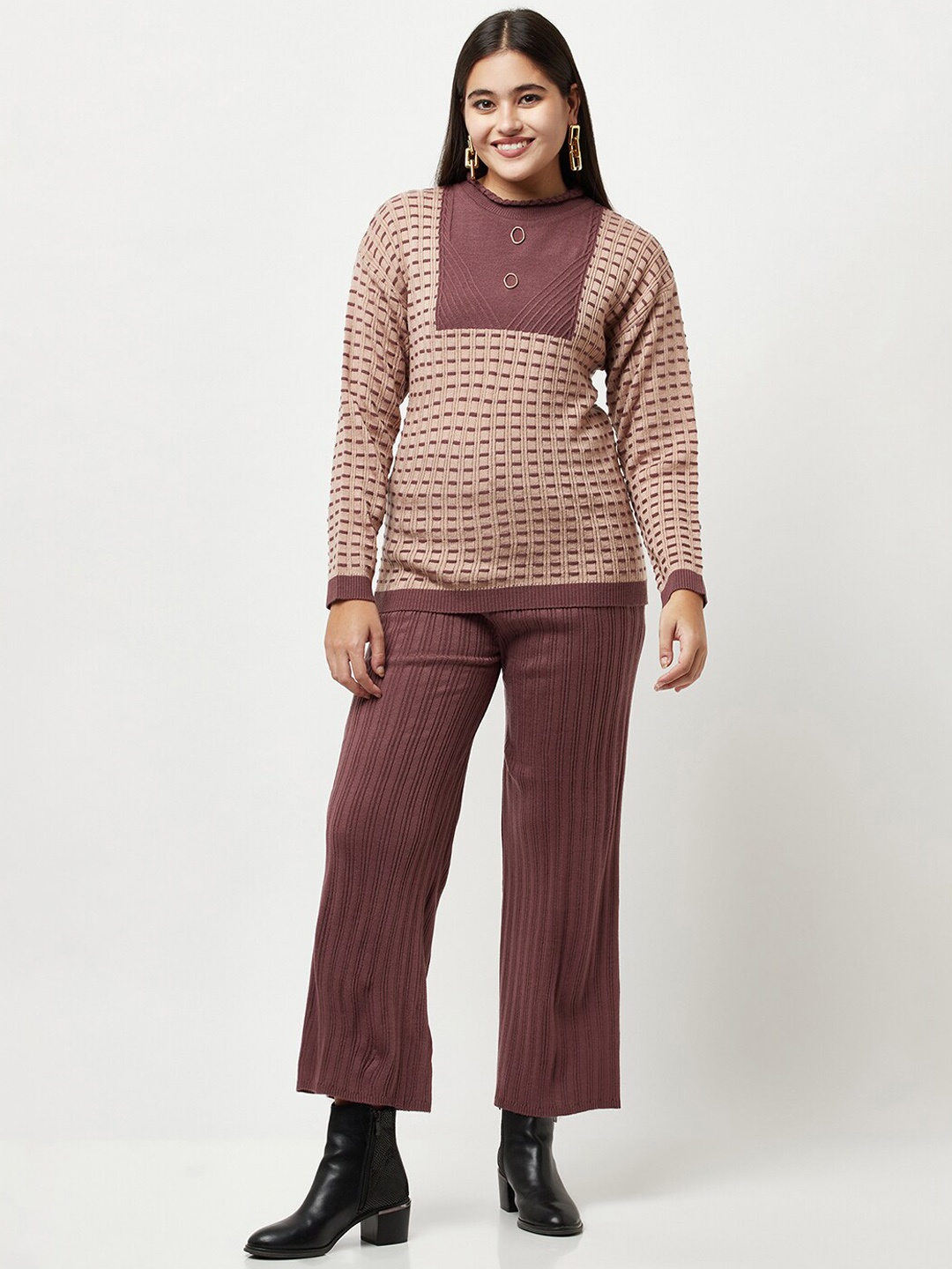 

Knitstudio Self-Design Knitted Acrylic Sweater & Flared Trousers, Purple