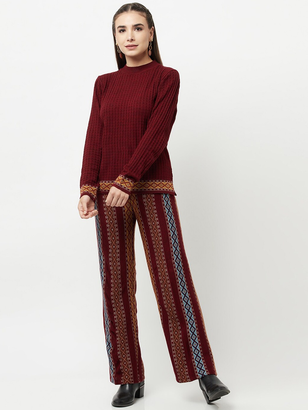 

Knitstudio Self-Design Knitted Acrylic Sweater With Trousers, Maroon