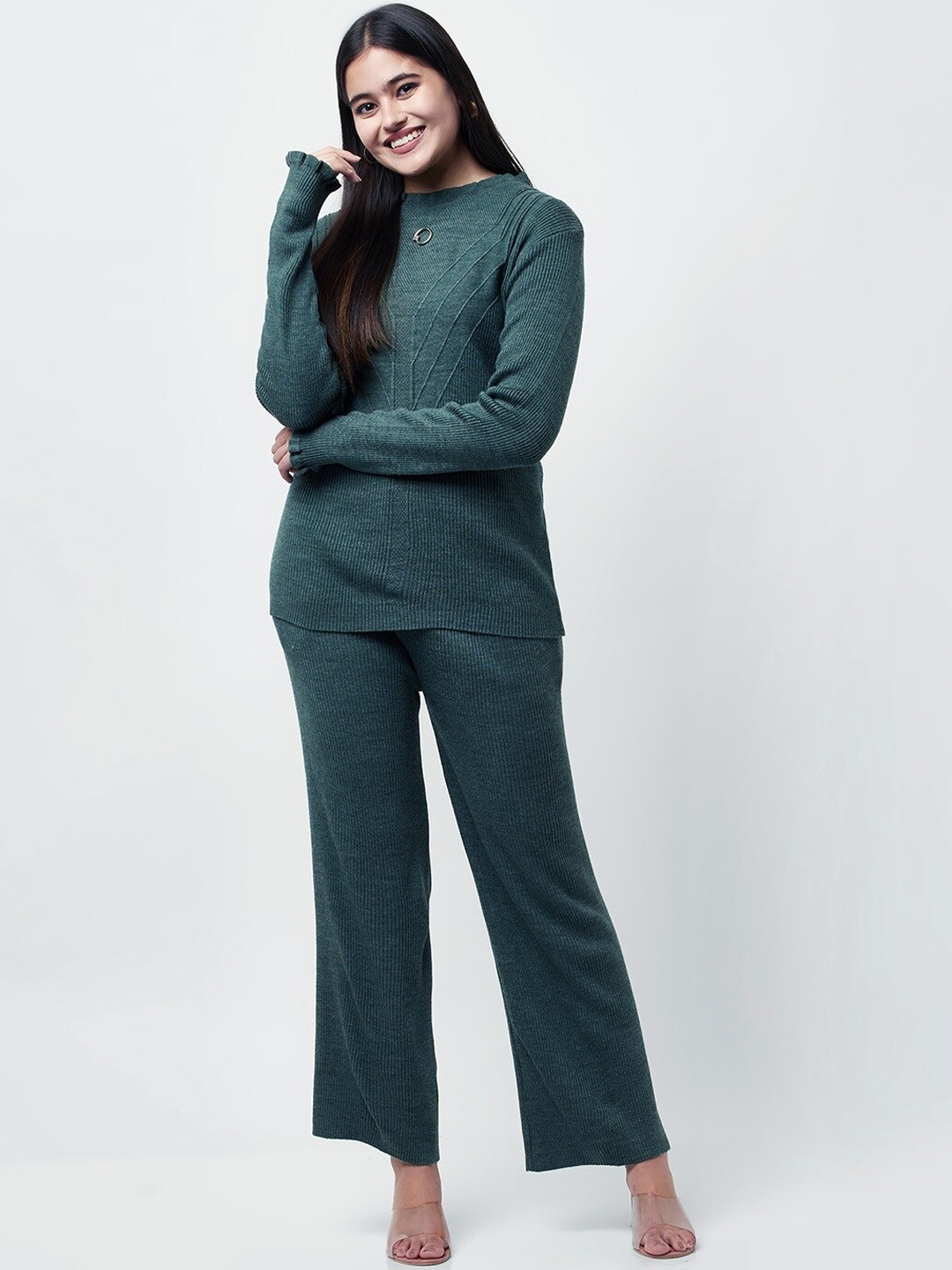 

Knitstudio Self Design Knitted Casual Acrylic Sweater & Trousers, Teal
