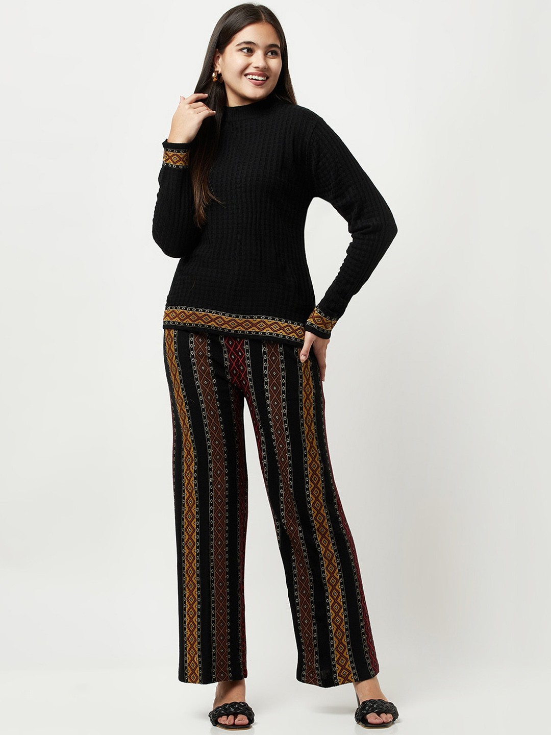 

Knitstudio Self Design Knitted Acrylic Sweater & Palazzos, Black