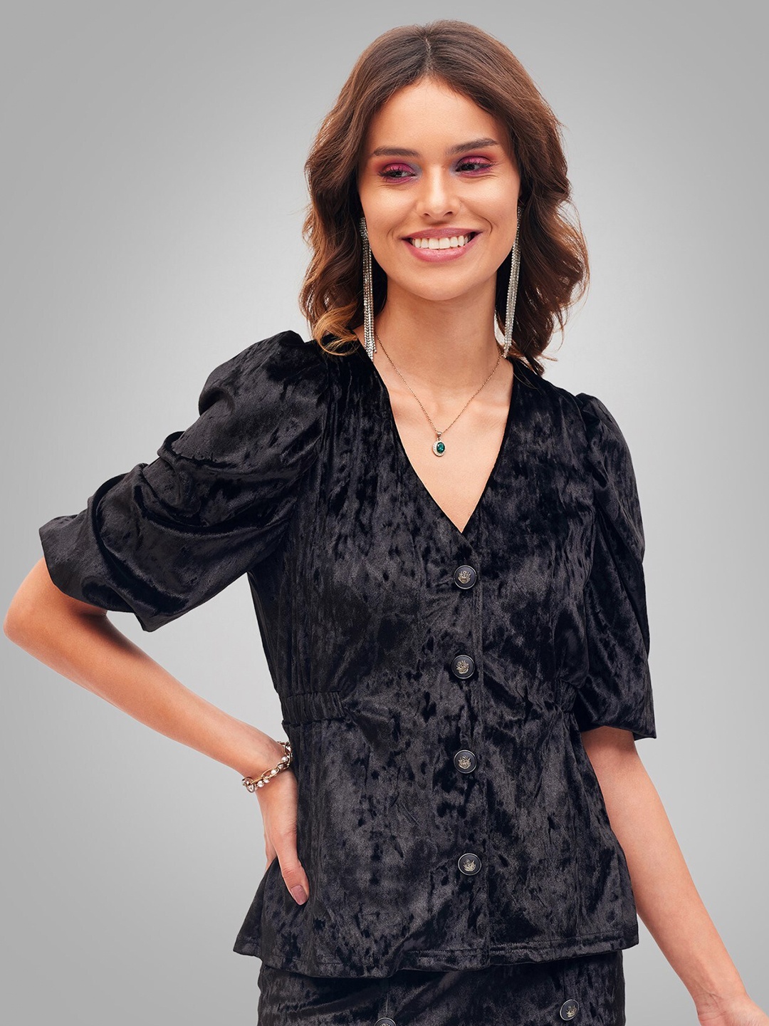 

SASSAFRAS Black Abstract Printed Puffed Sleeves Velvet Front Button Top