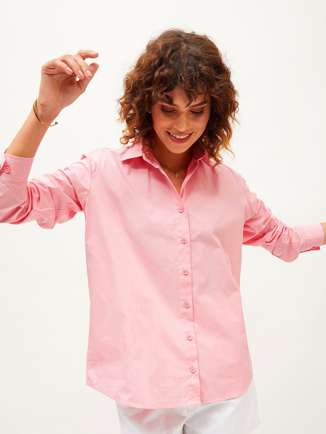 

SASSAFRAS Pink Comfort Oversized Long Sleeves Pure Cotton Casual Shirt