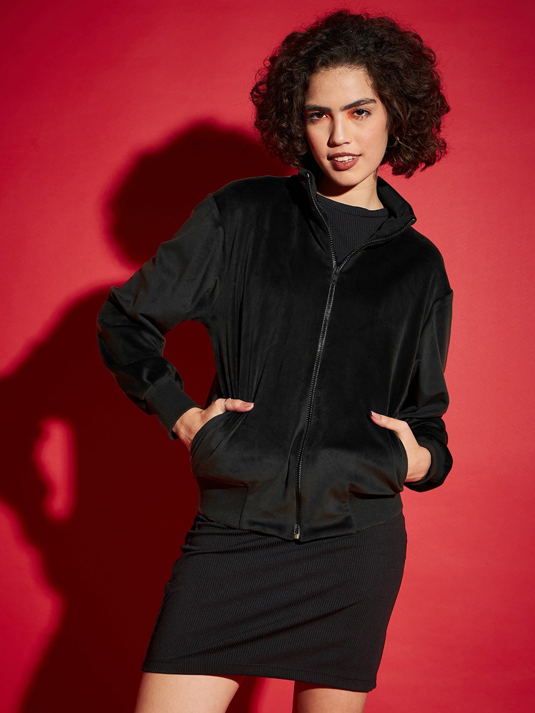 

SASSAFRAS Black Mock Collar Zipper Bomber Jacket