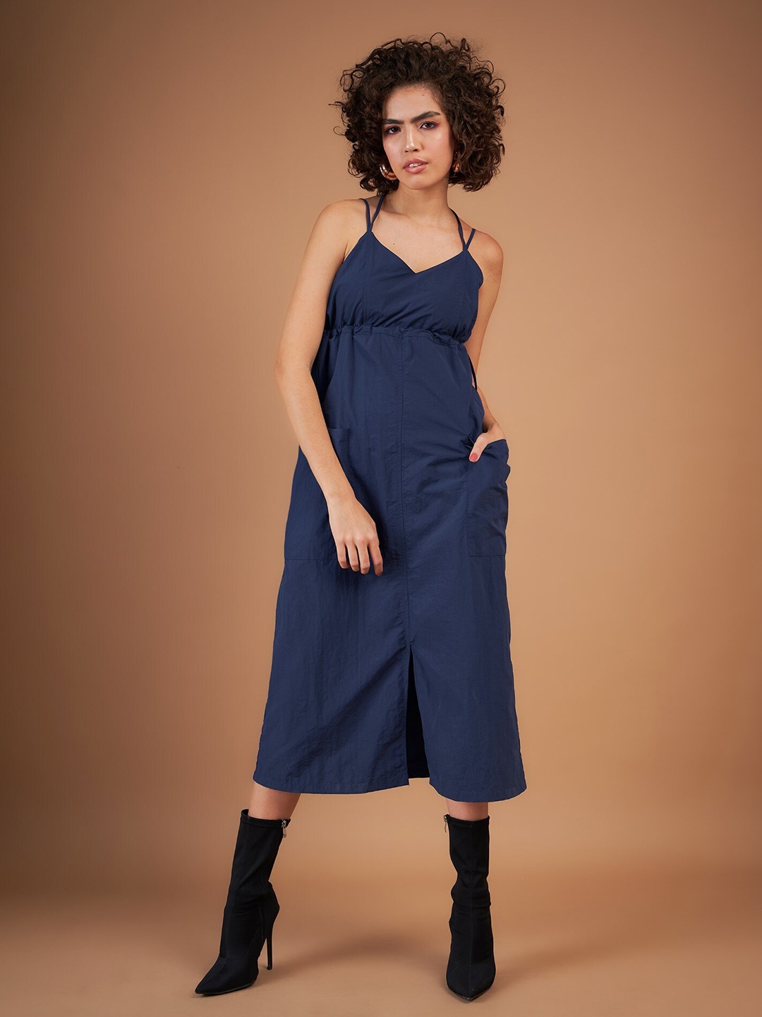 

SASSAFRAS Navy Blue Shoulder Straps Empire Parachute Midi Dress