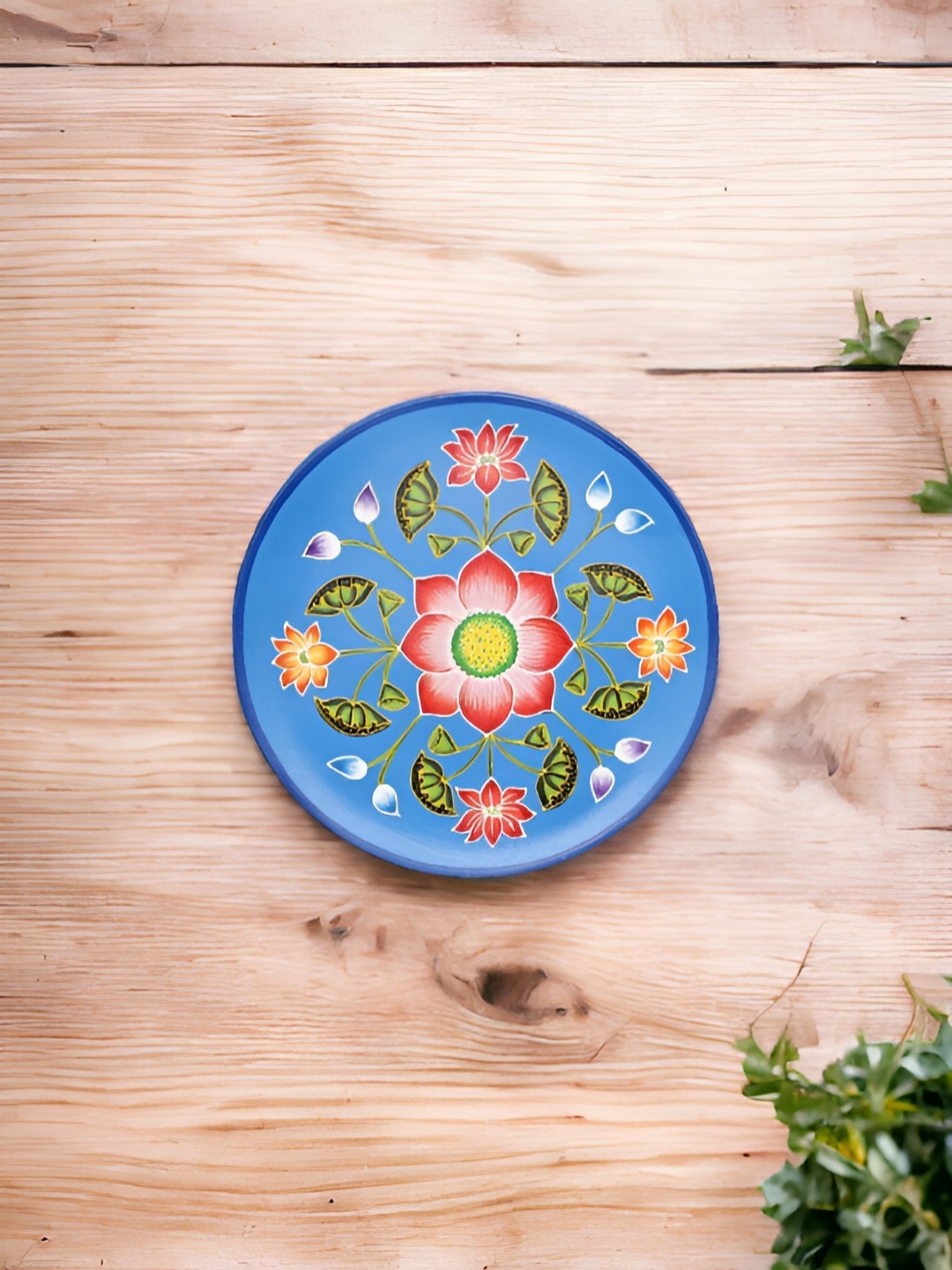 

THE COCOTIER Blue & Red Lotus Painted Wooden Wall Plate