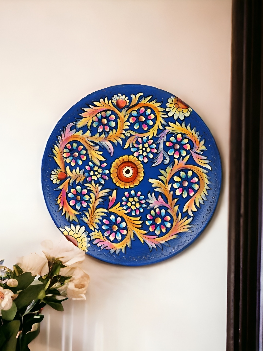 

THE COCOTIER Blue & Yellow Floral Painted Wooden Wall Plate