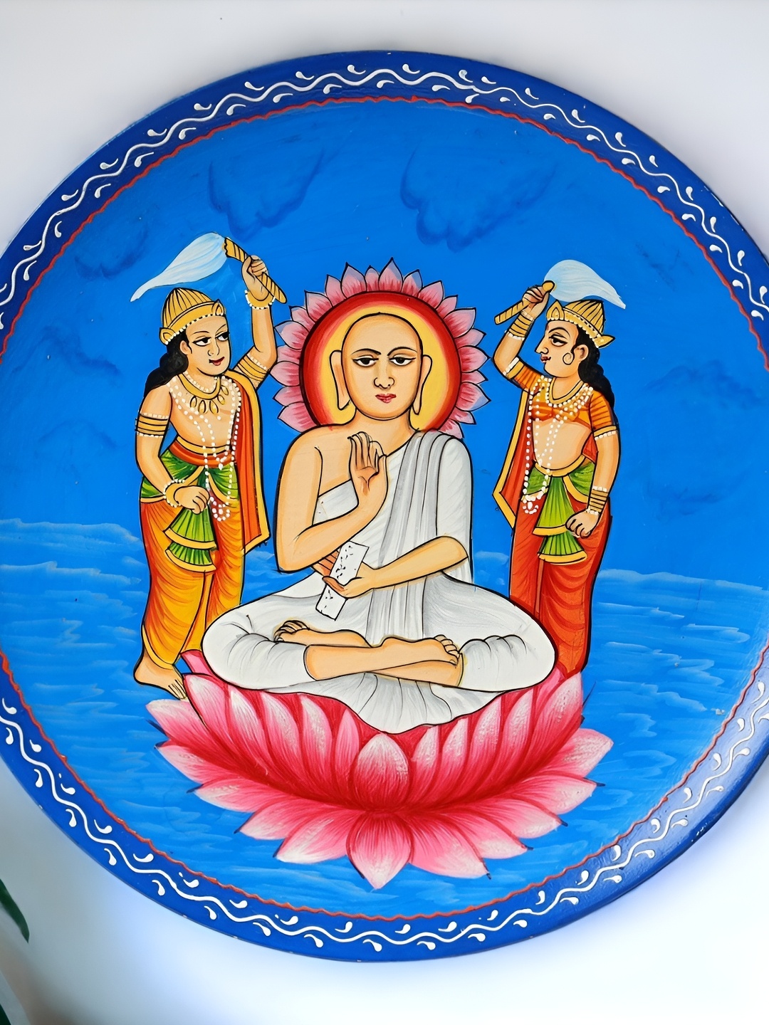 

THE COCOTIER Blue & Pink Jain Muni Painted Wooden Wall Plate