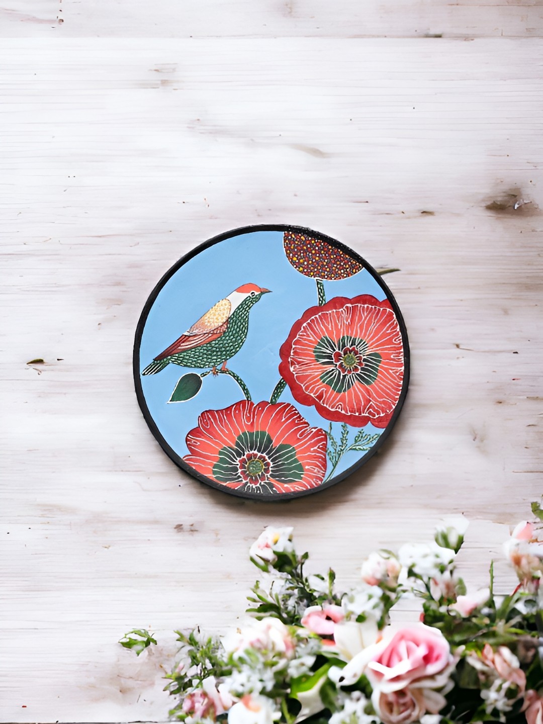 

THE COCOTIER Blue & Red Bird With Floral Painted Wooden Wall Plate