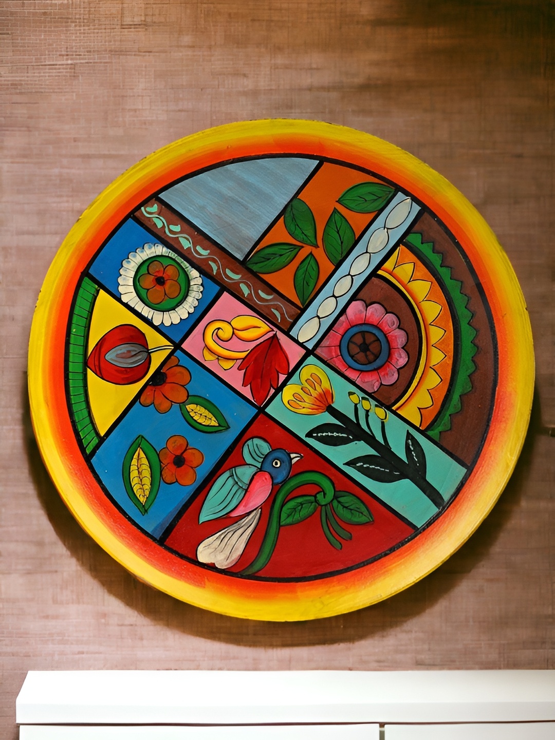 

THE COCOTIER Blue & Yellow Floral Painted Wooden Wall Plate