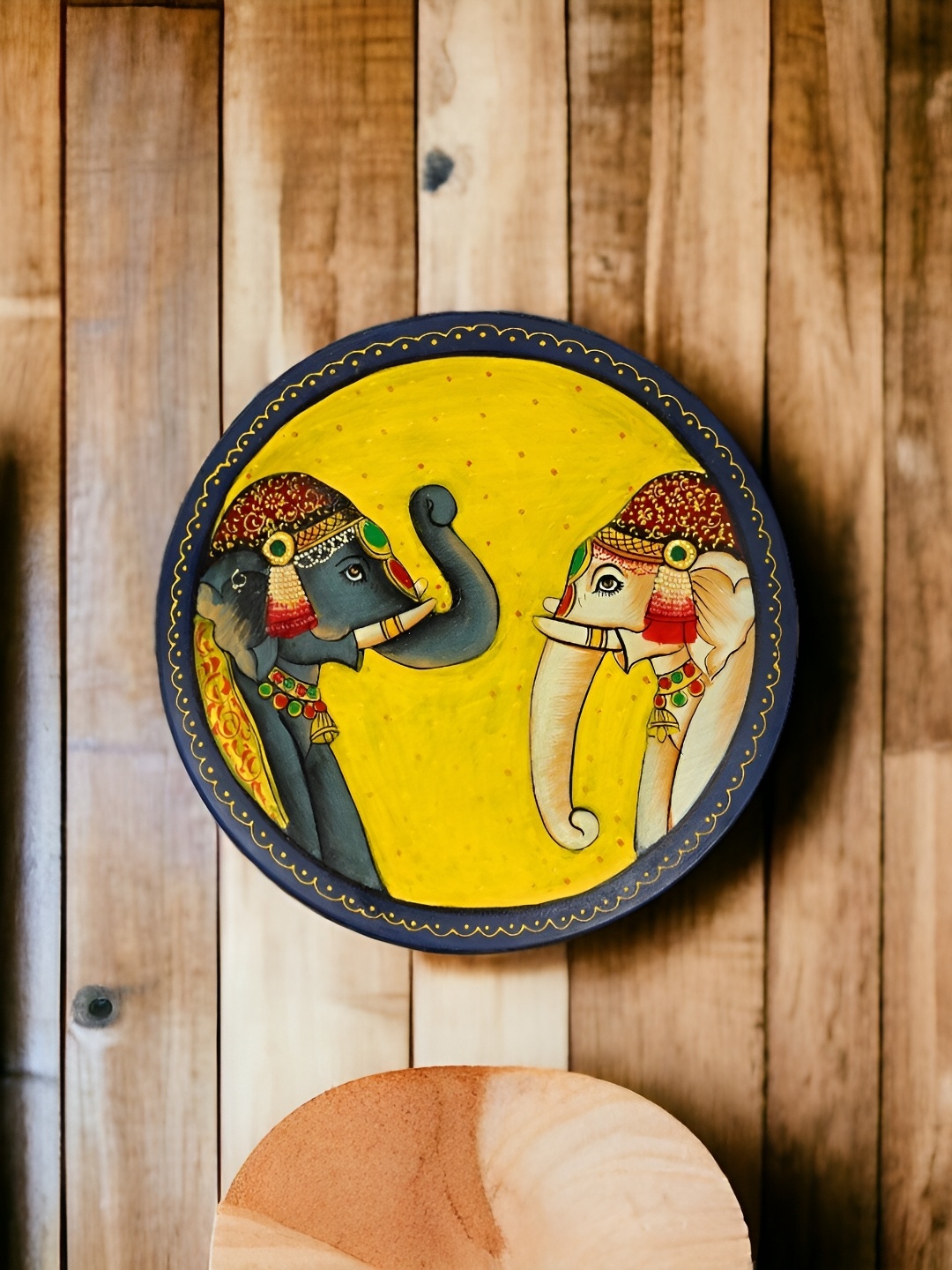 

THE COCOTIER Yellow & Grey Elephant Painted Wooden Wall Plate