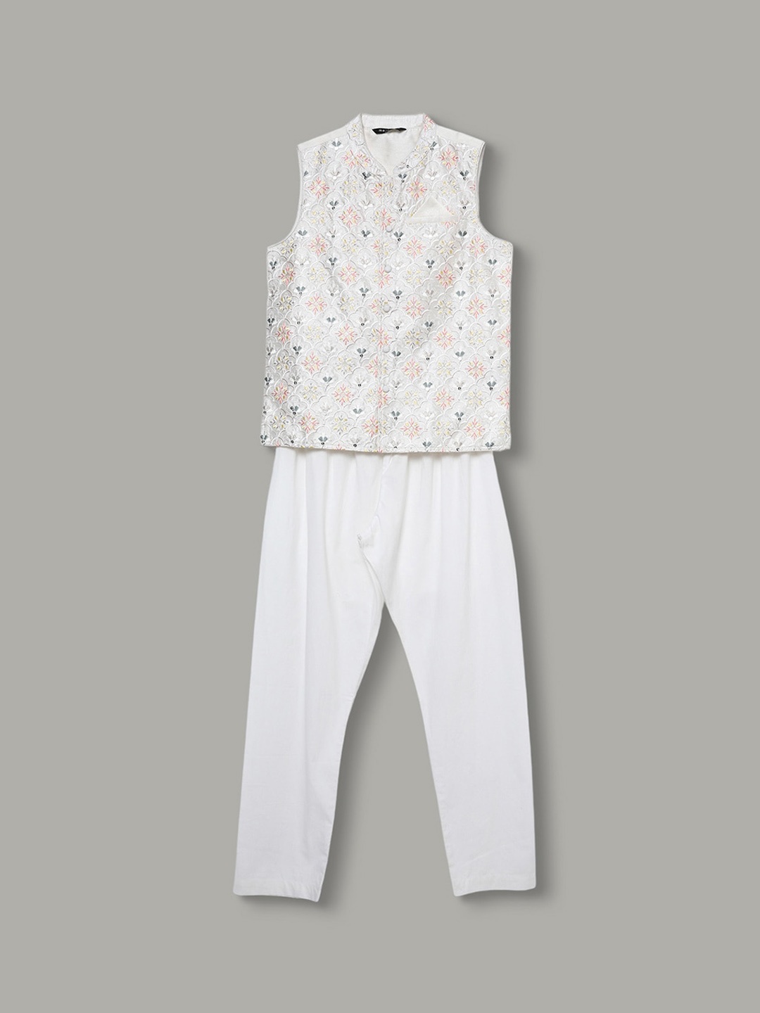 

Melange by Lifestyle Boys Embroidered Mandarin Collar Nehru Jacket With Trousers, White