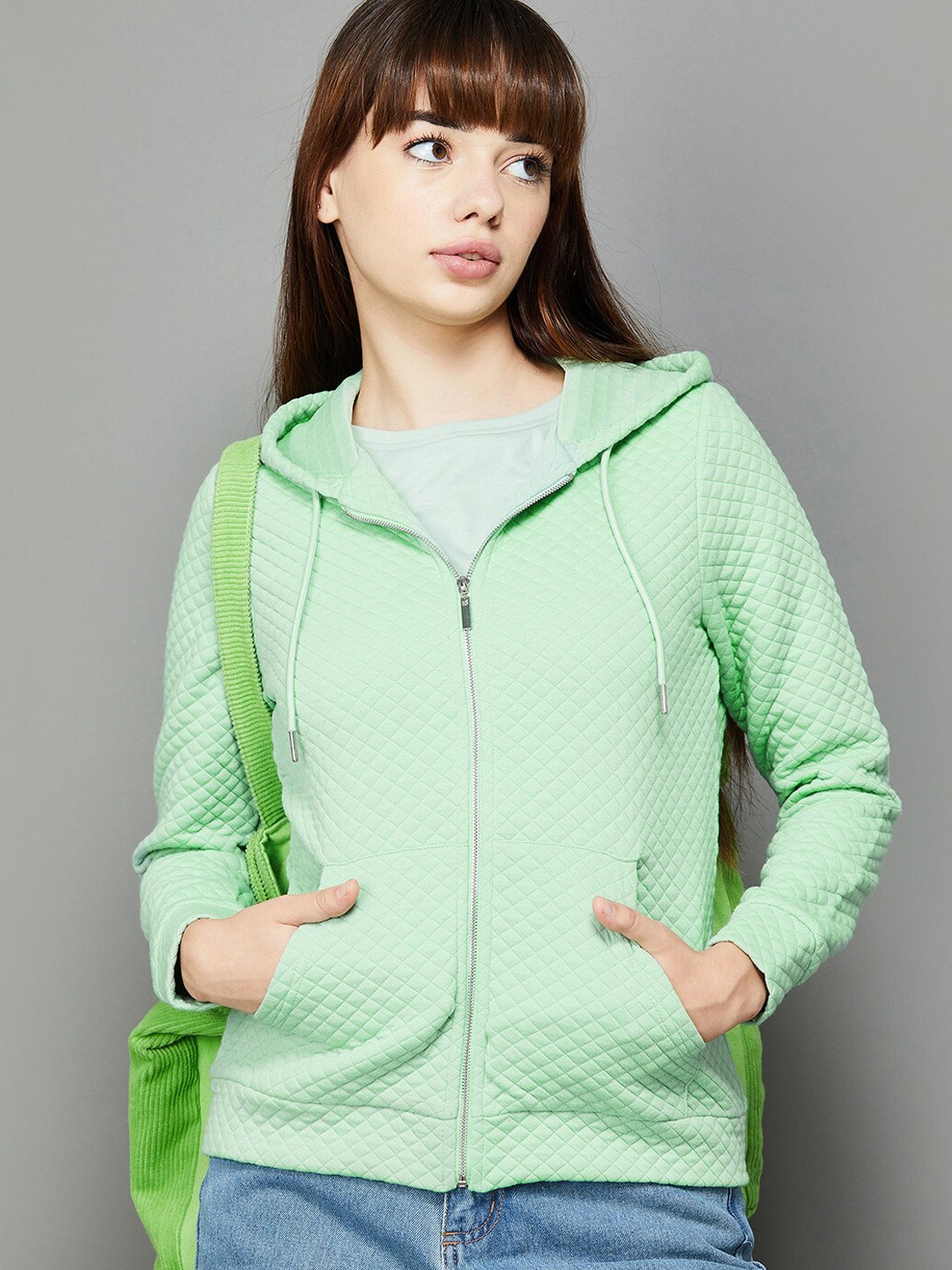 

Fame Forever by Lifestyle Geometric Self Design Hooded Quilted Jacket, Green