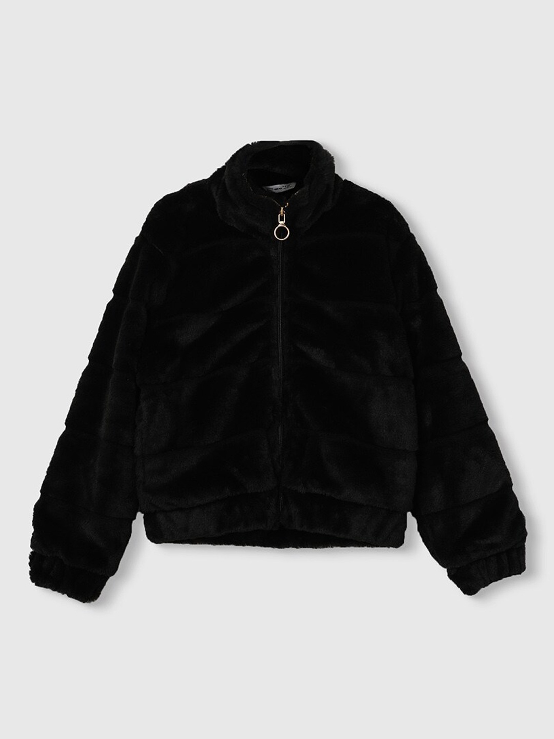

Fame Forever by Lifestyle Girls Mock Collar Faux Fur Trim Open Front Jacket, Black