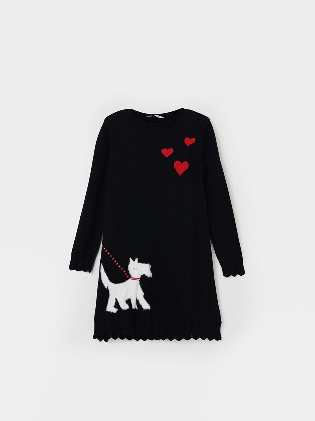 

Fame Forever by Lifestyle Girls Graphic Printed Knitted Longline Sweater, Navy blue