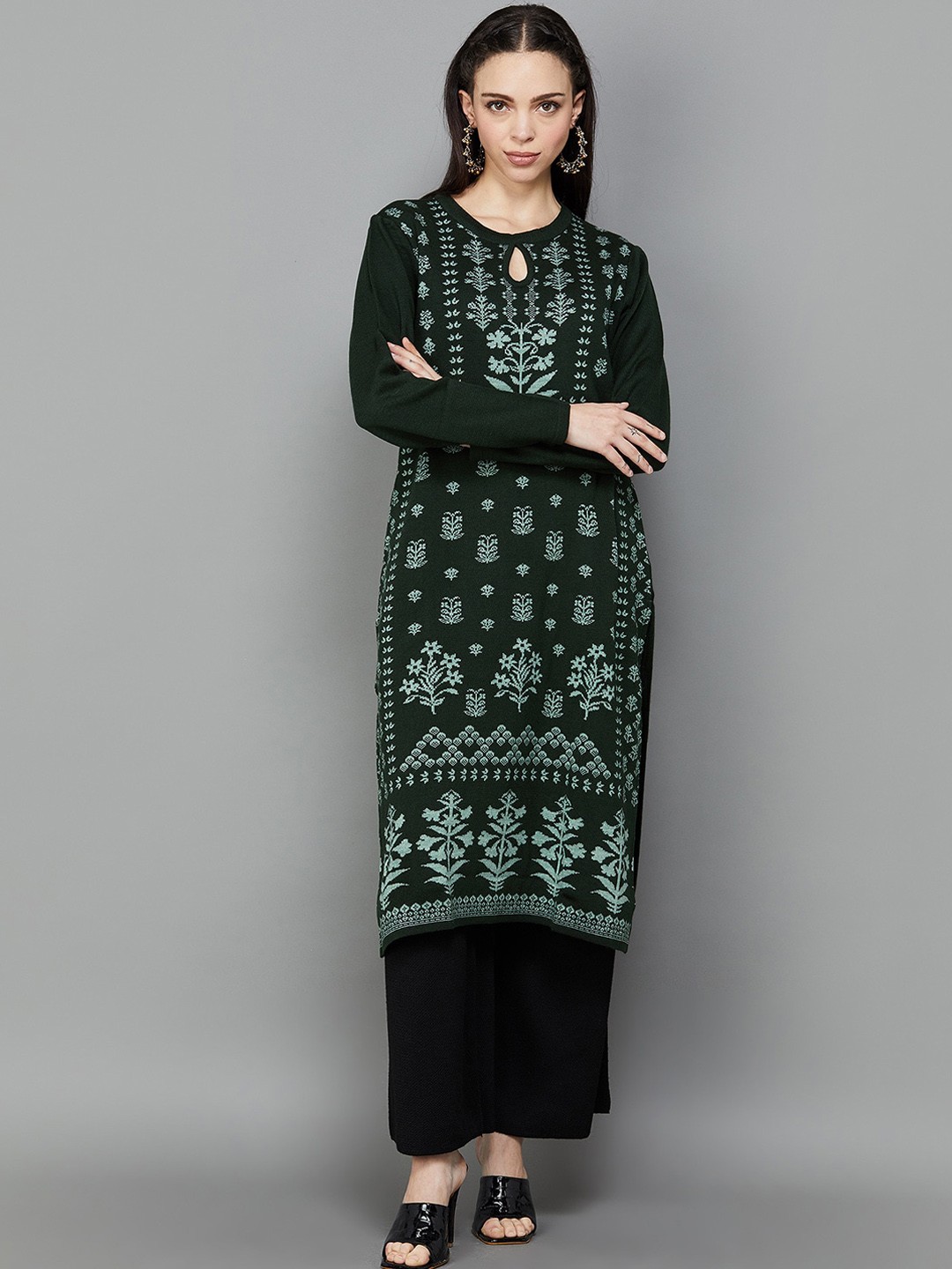 

Melange by Lifestyle Ethnic Motifs Woven Design Keyhole Neck Long Sleeves Acrylic Kurta, Green