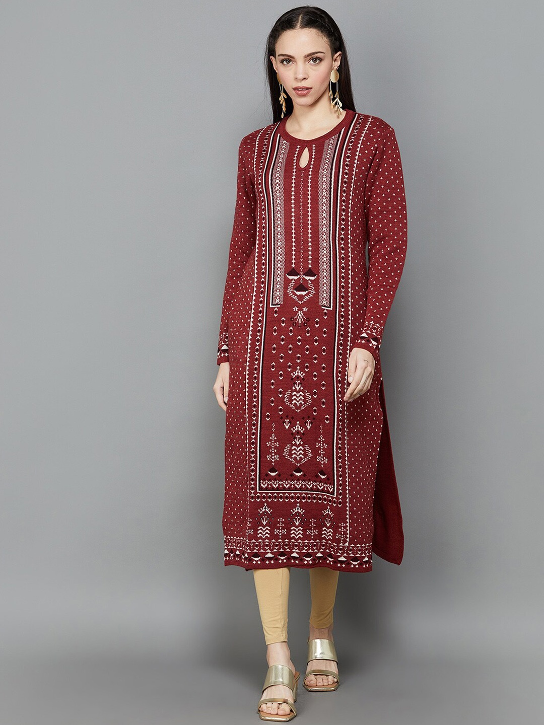 

Melange by Lifestyle Ethnic Motifs Woven Design Keyhole Neck Long Sleeves Acrylic Kurta, Red