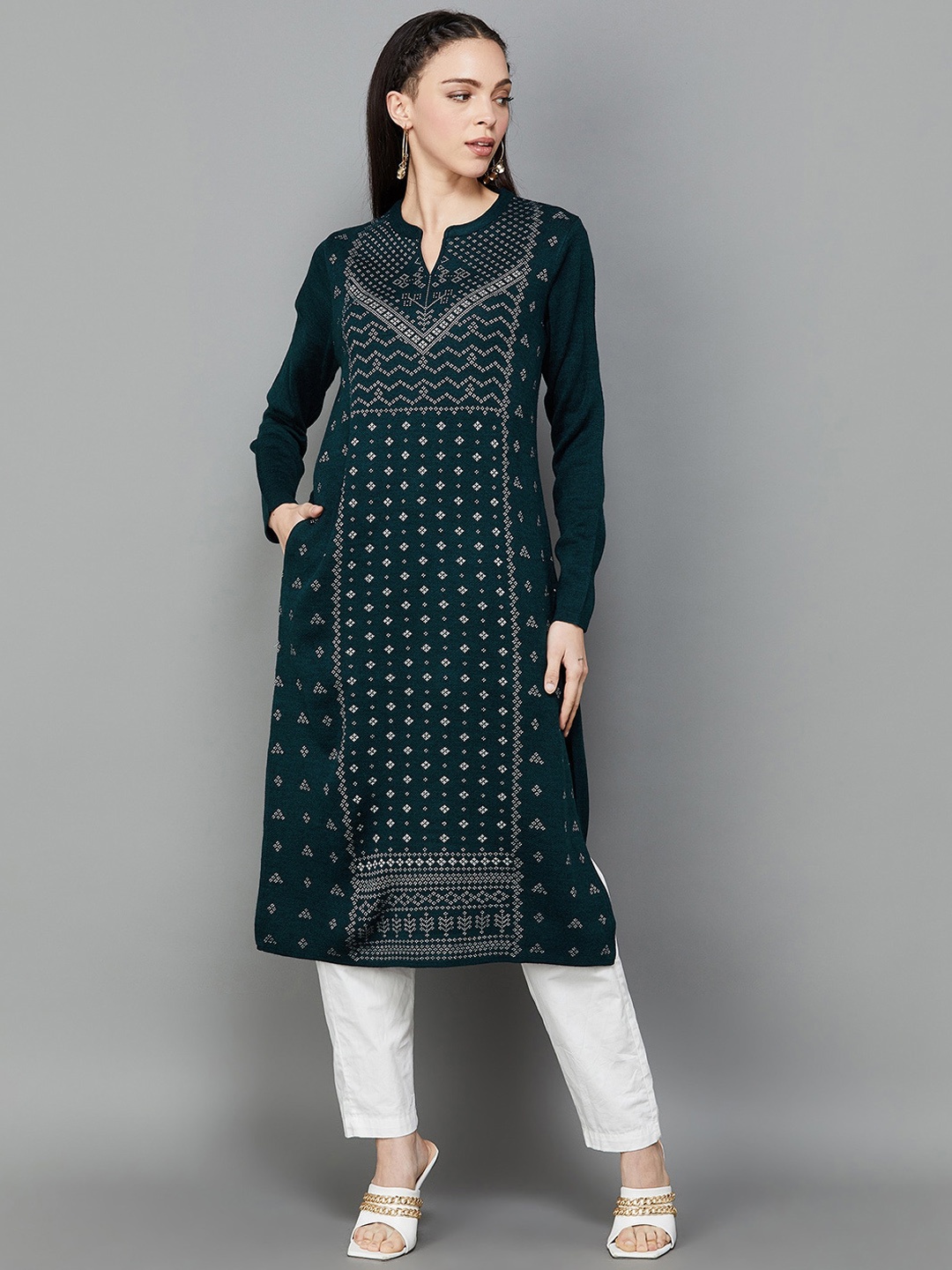 

Melange by Lifestyle Ethnic Motifs Woven Design Mandarin Collar Long Sleeves Acrylic Kurta, Teal