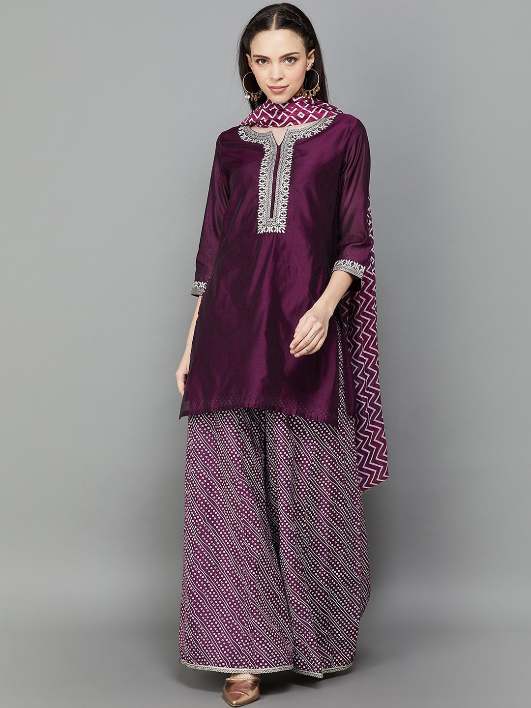 

Melange by Lifestyle Floral Yoke Design Thread Work Kurti With Palazzos & Dupatta, Burgundy