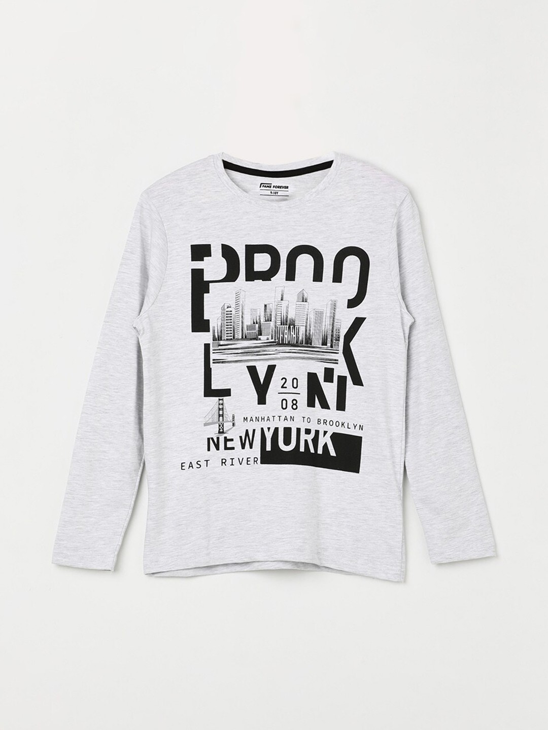 

Fame Forever by Lifestyle Boys Printed Round Neck Pure Cotton T-shirt, Grey melange