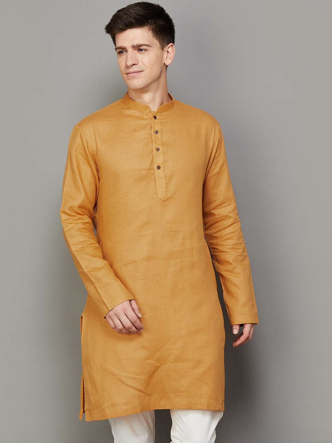 

Melange by Lifestyle Geometric Woven Design Straight Pure Cotton Kurta, Yellow