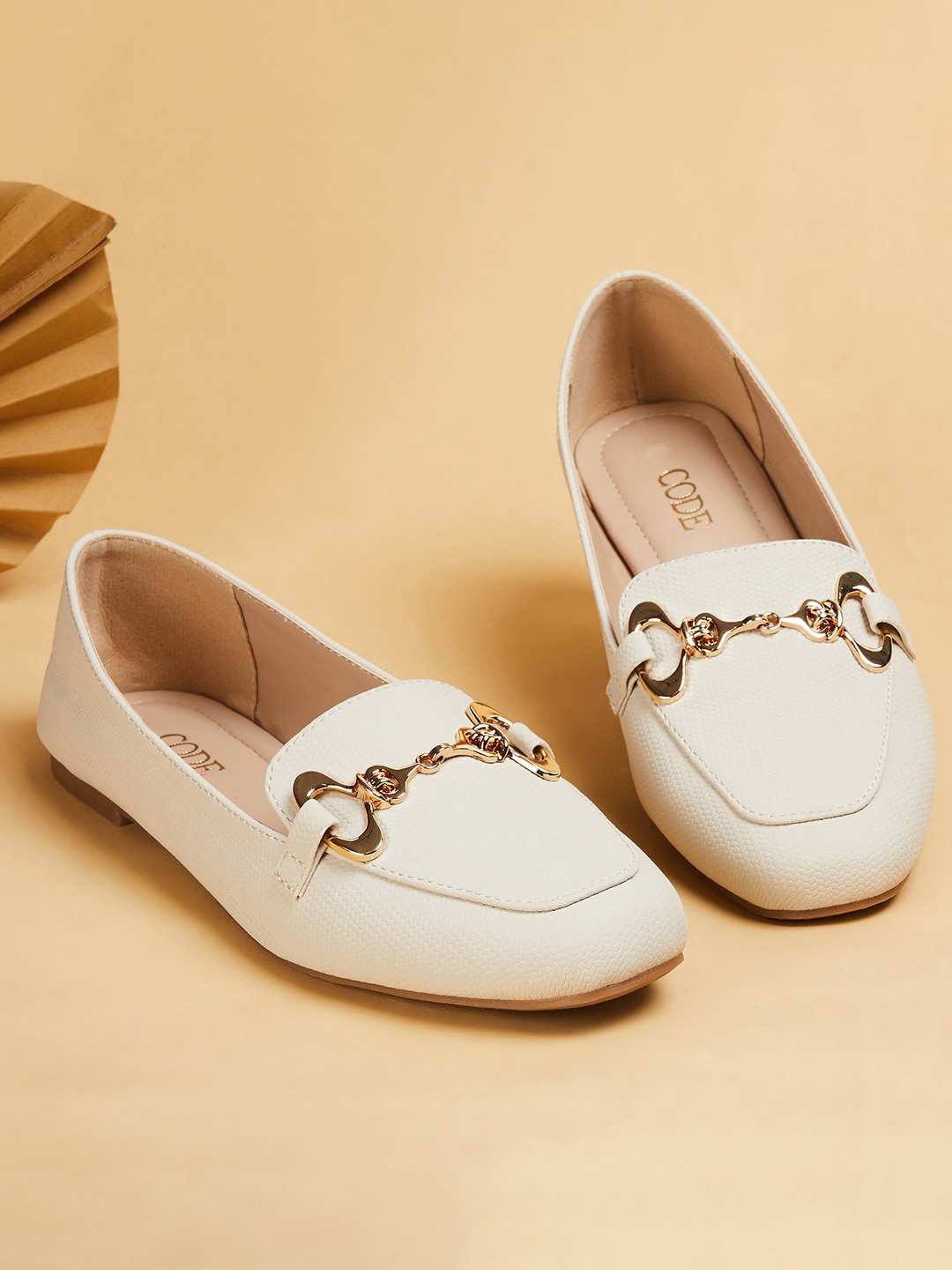 

CODE by Lifestyle Women Textured Buckle Detail Slip-On Loafers, Off white
