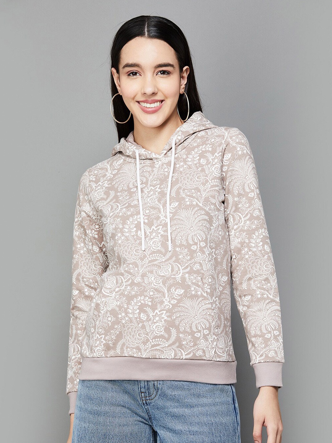 

Colour Me by Melange Floral Printed Hooded Cotton Pullover Sweatshirt, Beige