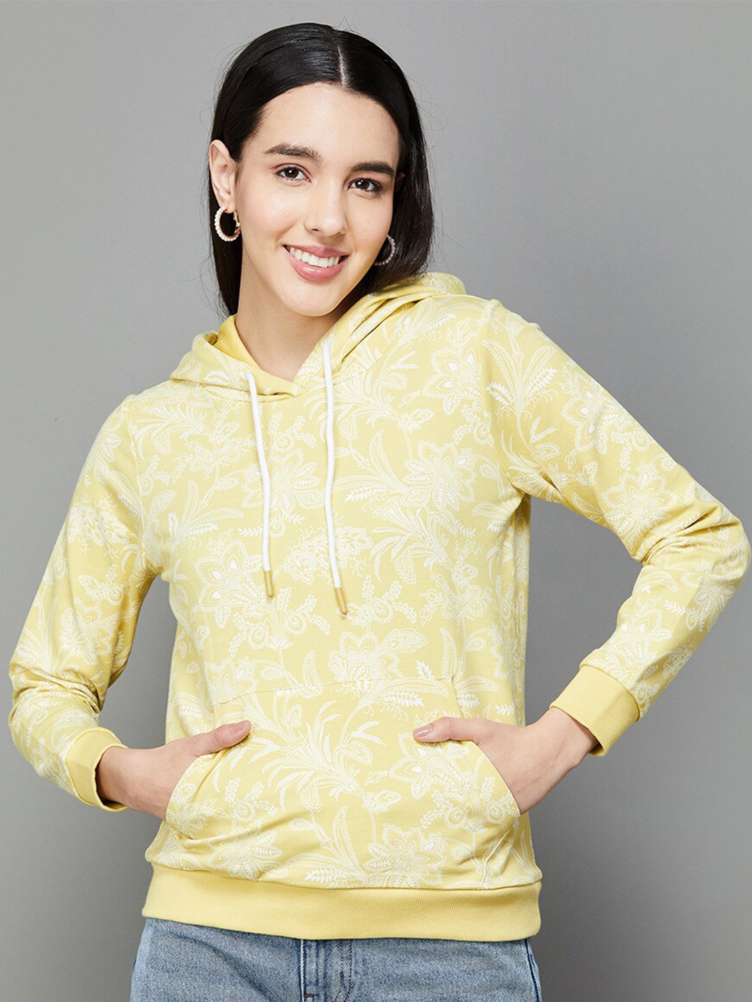

Colour Me by Melange Floral Printed Hooded Cotton Pullover Sweatshirt, Yellow