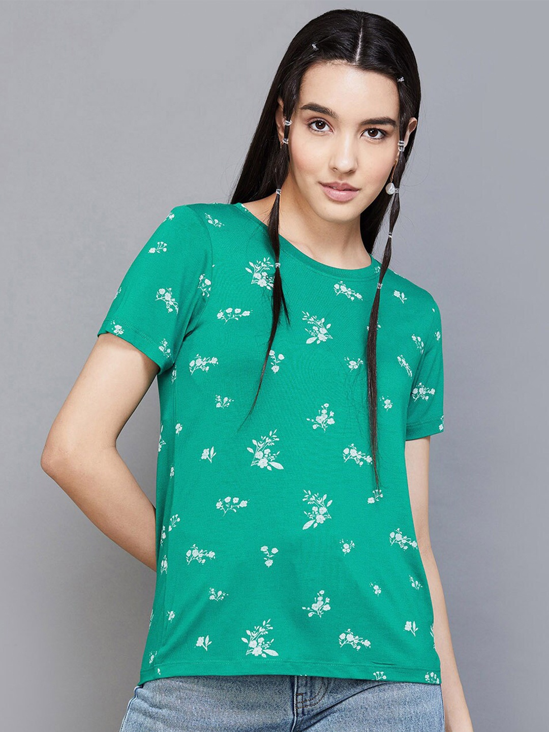 

Colour Me by Melange Floral Printed Round Neck Short Sleeves T-shirt, Green