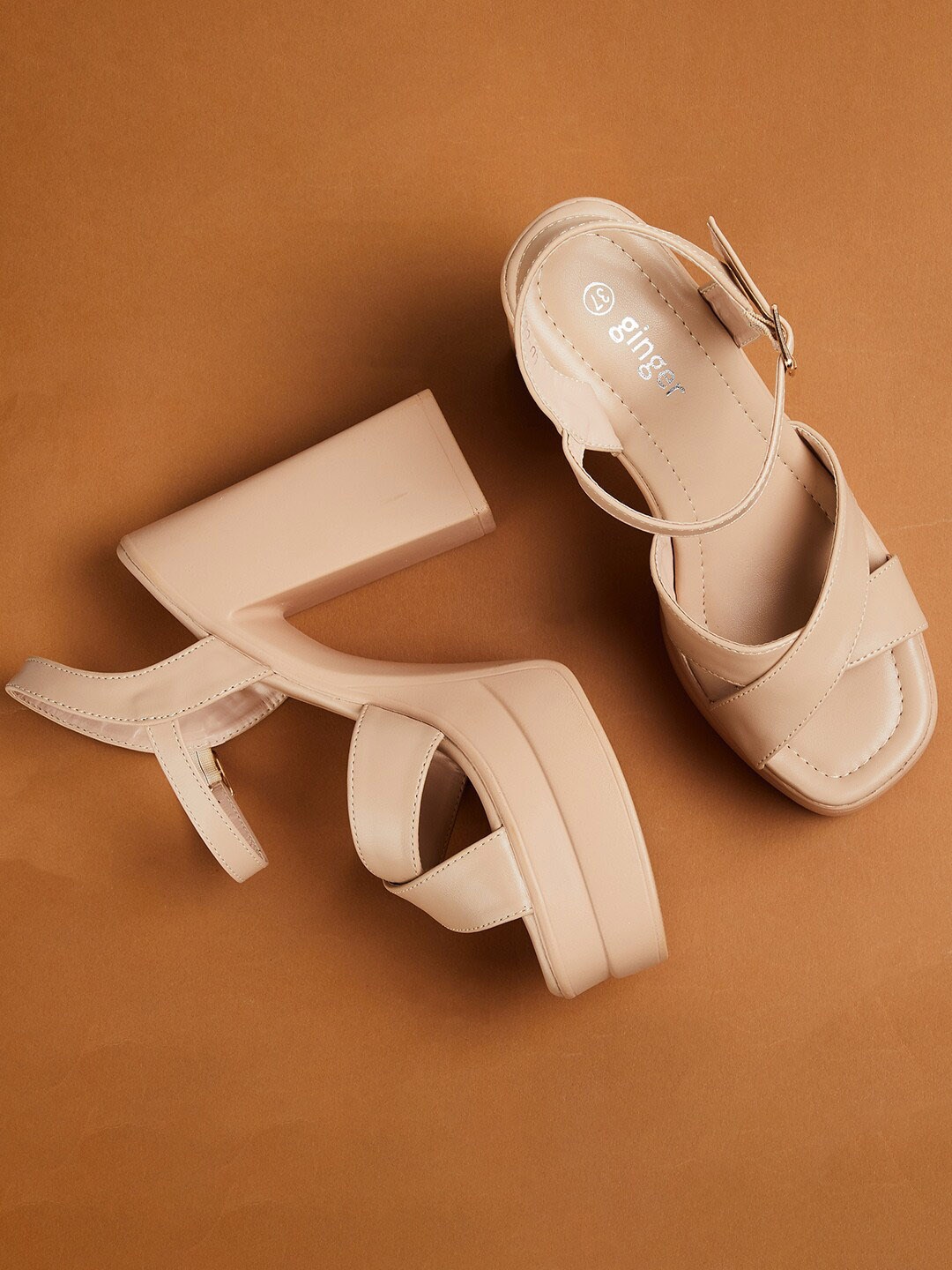 

Ginger by Lifestyle Cross Strap Platform Heels With Buckle Closure, Beige