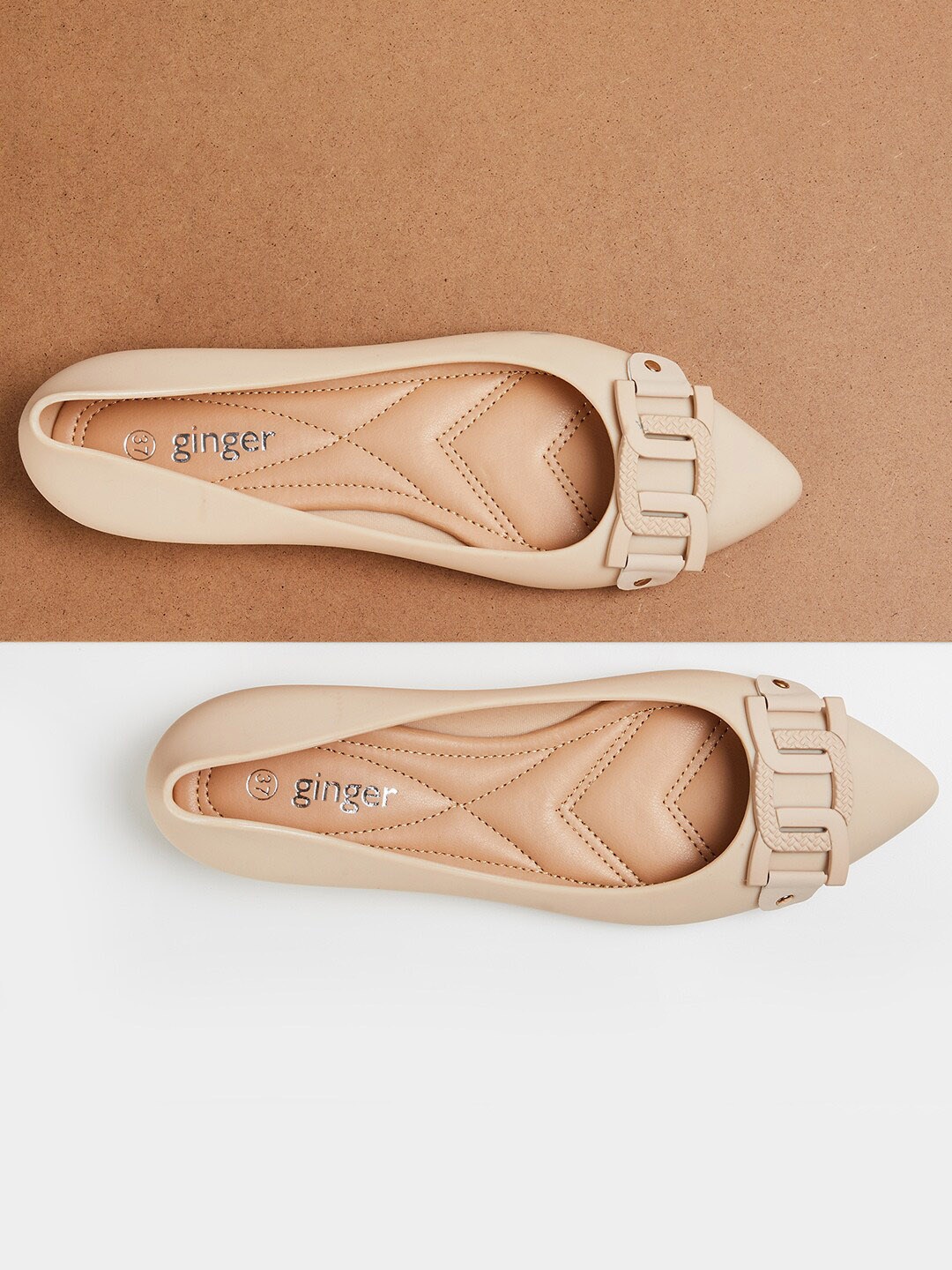 

Ginger by Lifestyle Buckle Detail Pointed Toe Ballerinas, Beige