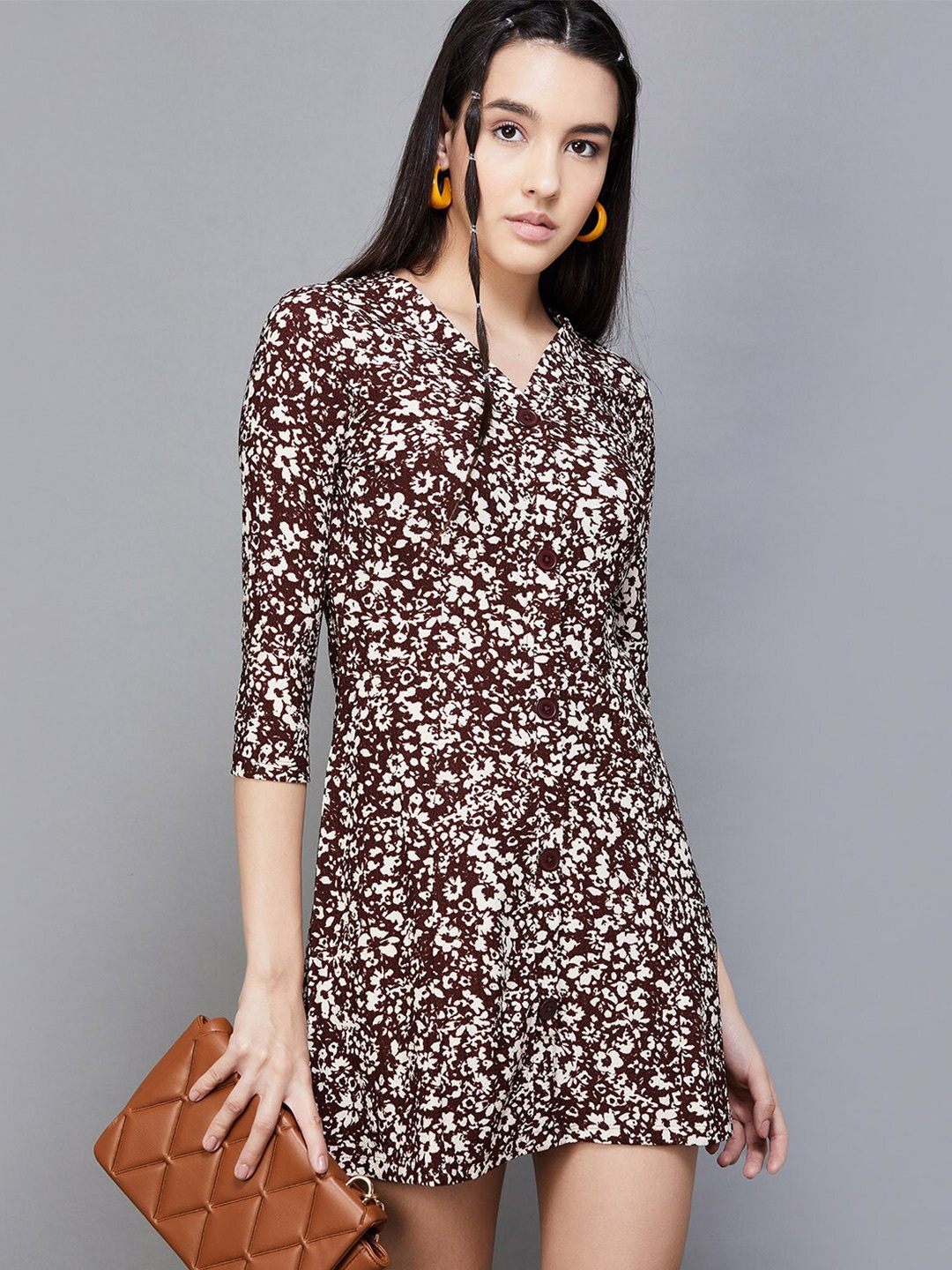 

Ginger by Lifestyle Floral Printed A Line Mini Dress, Brown