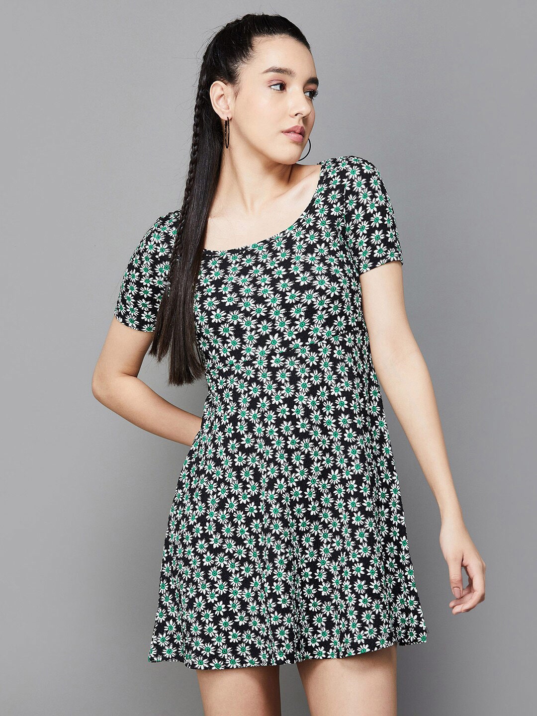 

Ginger by Lifestyle Floral Printed Cotton A-Line Mini Dress, Black