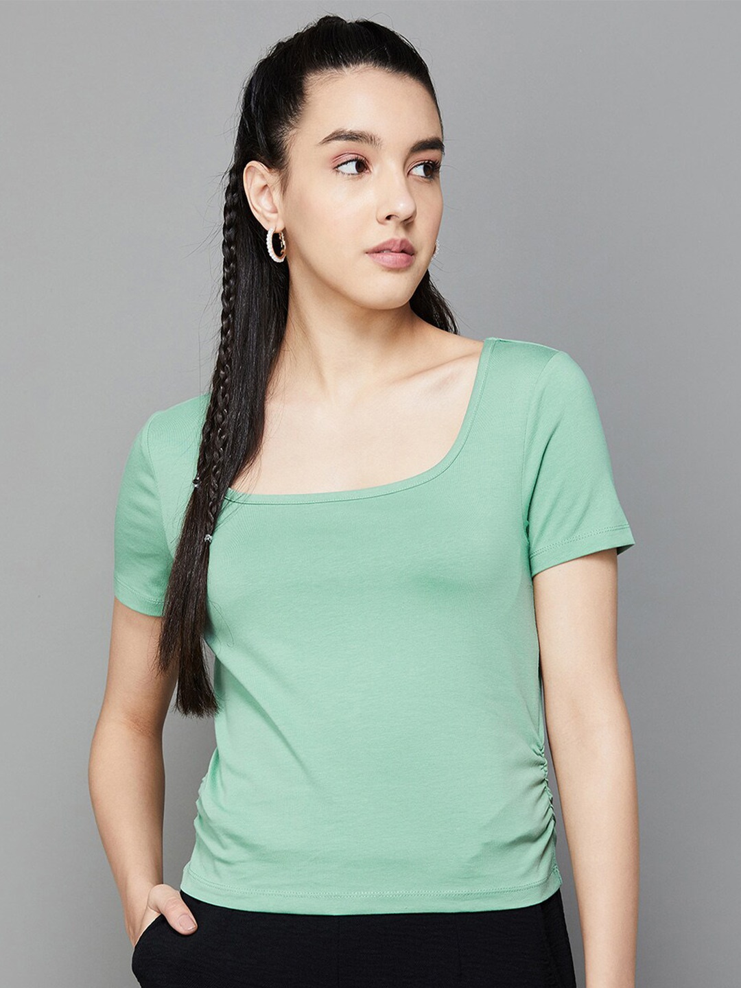 

Ginger by Lifestyle Square Neck Short Sleeves Ruched Top, Green