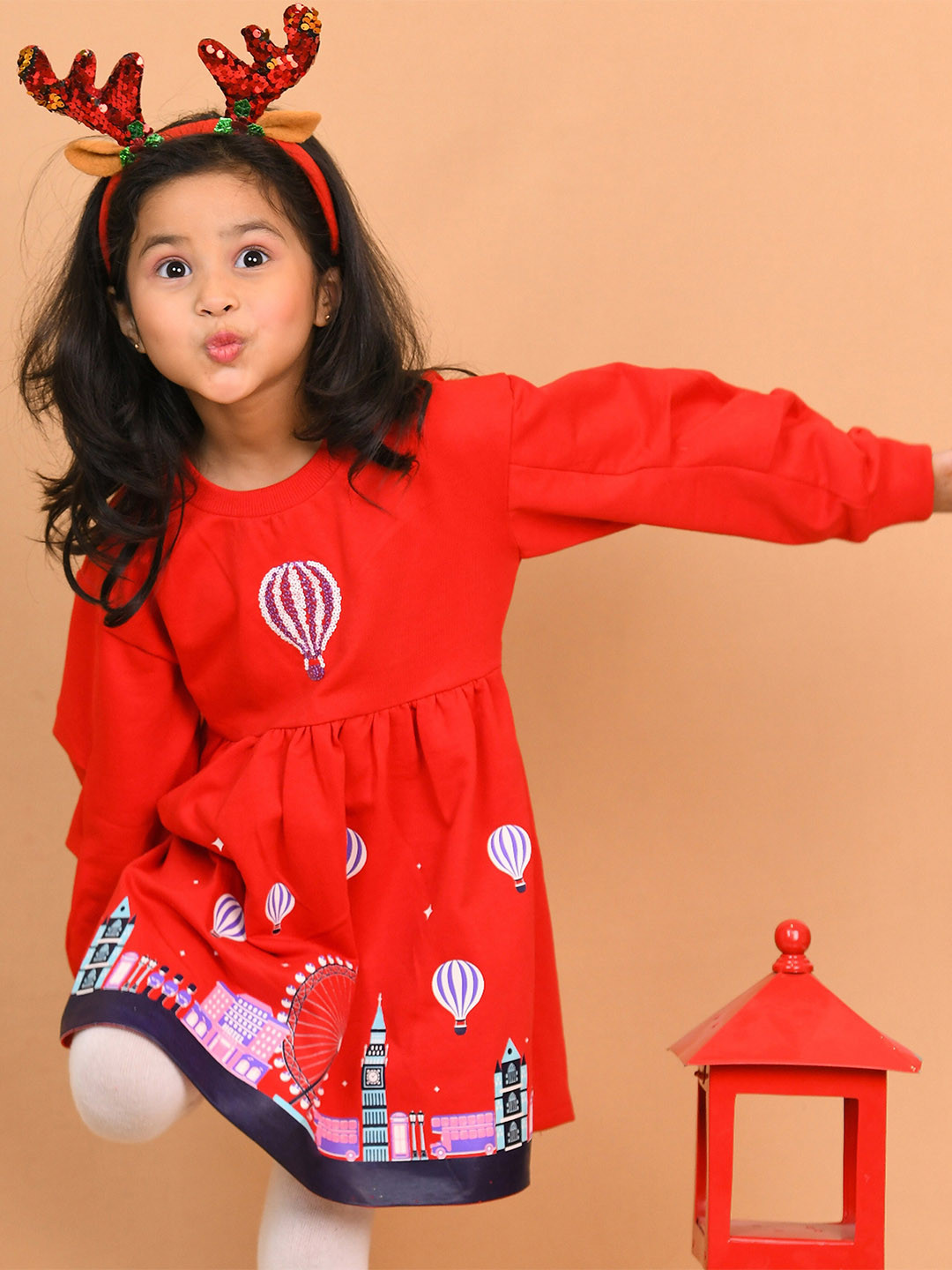 

Little Carrot Girls Graphic Printed Puff Sleeves Cotton A-Line Dress, Red