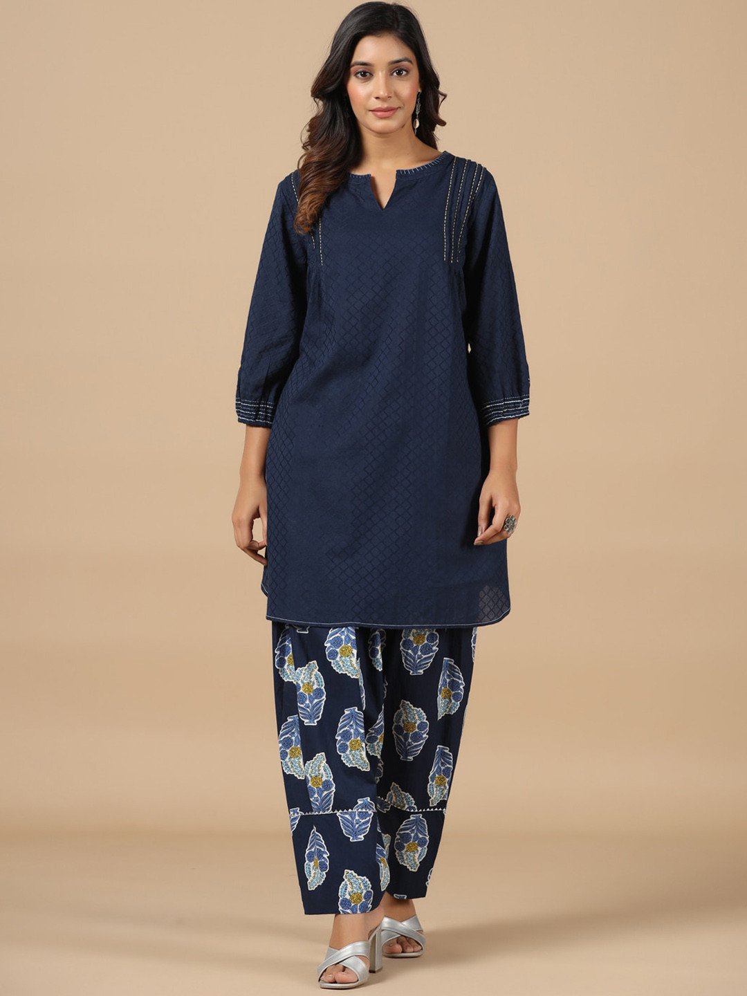 

SAVI Cotton Dobby Short Kurta With Printed Salwar, Blue