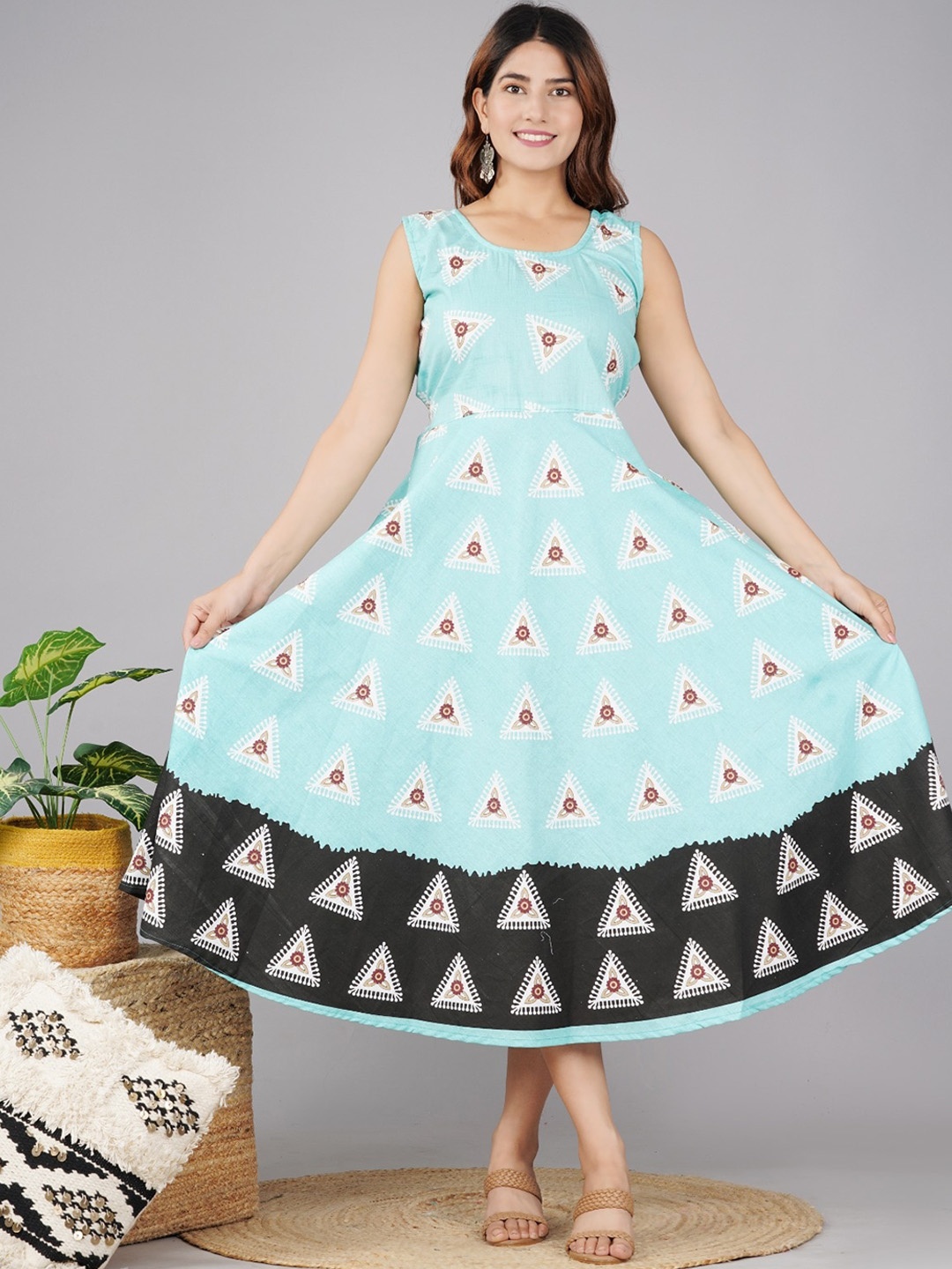 

UNIBLISS Geometric Printed Cotton Fit & Flare Midi Ethnic Dress, Sea green
