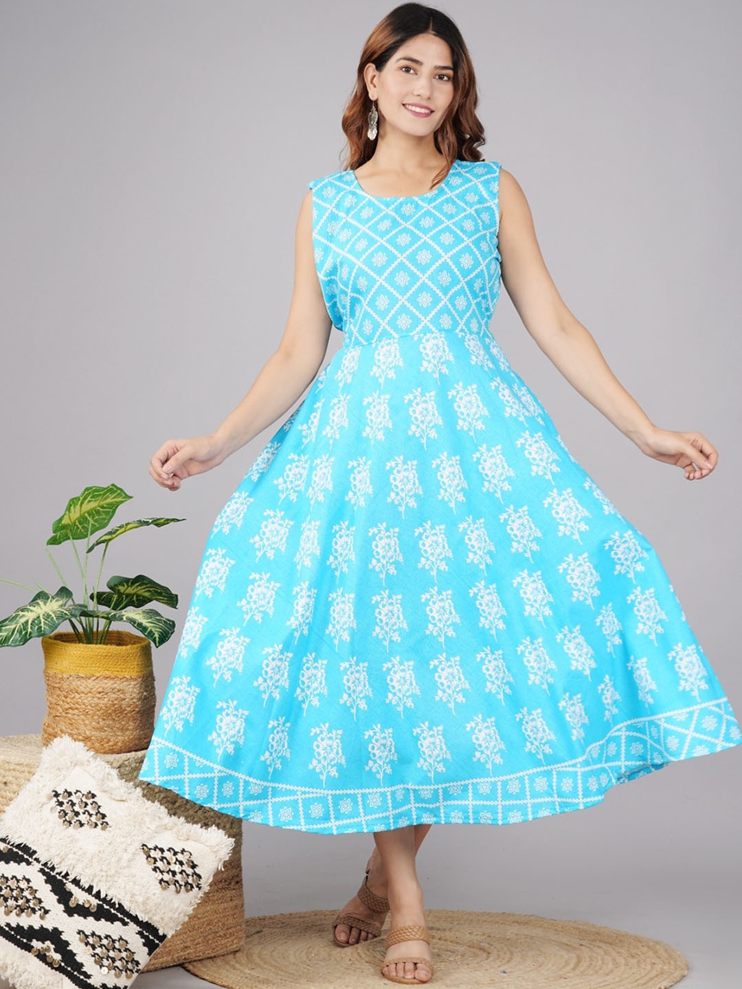 

UNIBLISS Floral Printed Cotton Fit & Flare Midi Ethnic Dress, Blue