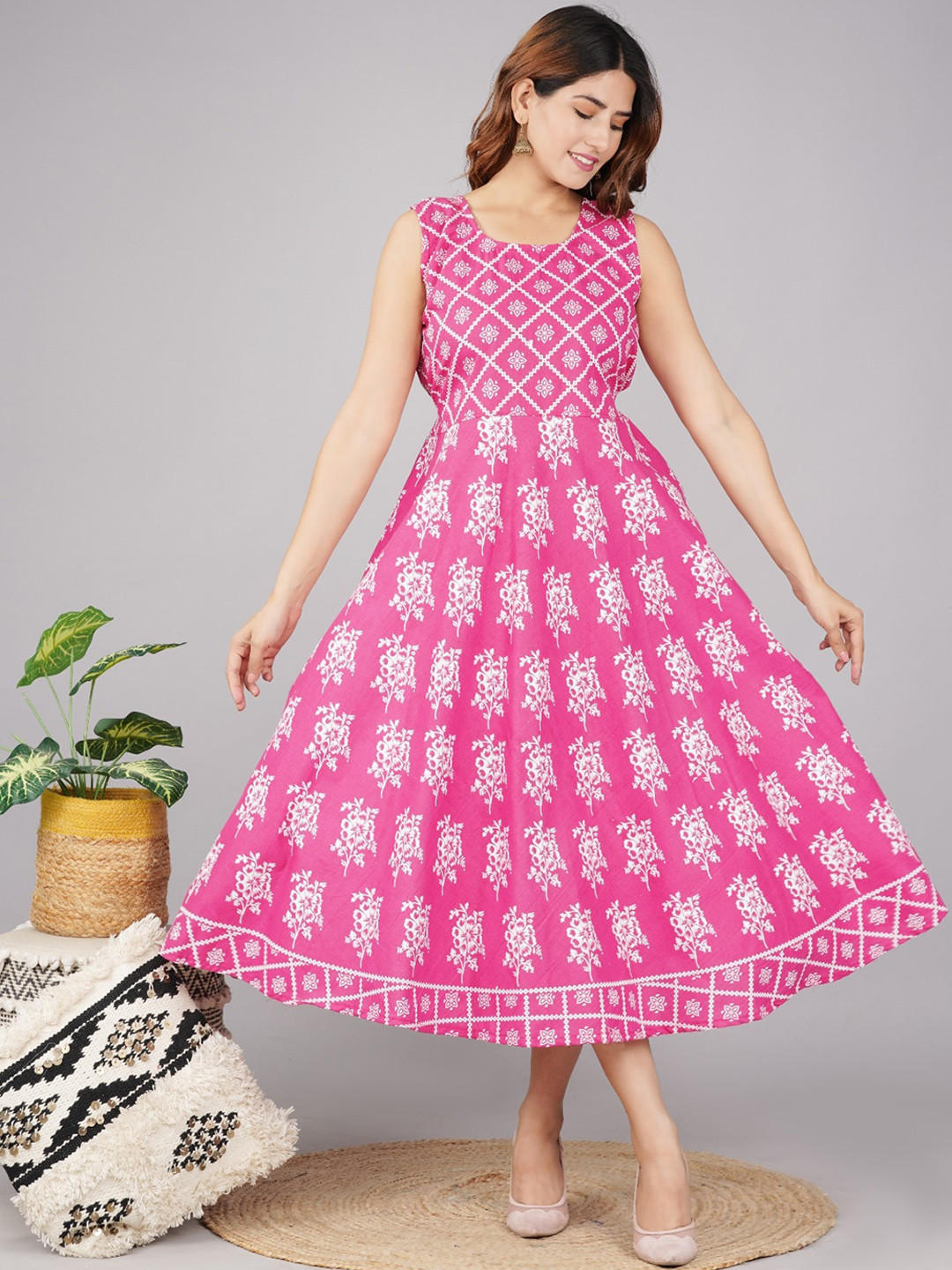 

UNIBLISS Floral Printed Gathered Cotton Fit & Flare Ethnic Dress, Pink